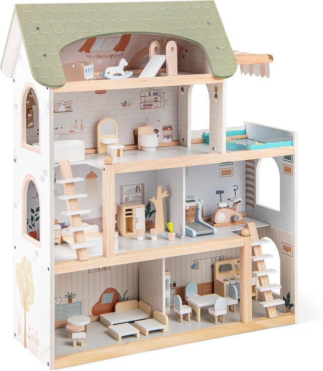 Casa delle bambole in legno a 4 piani, Casa dei sogni con 33 accessori, 6 camere da letto, Balcone con piscina, Giocattolo educativo per bambini dai 3
