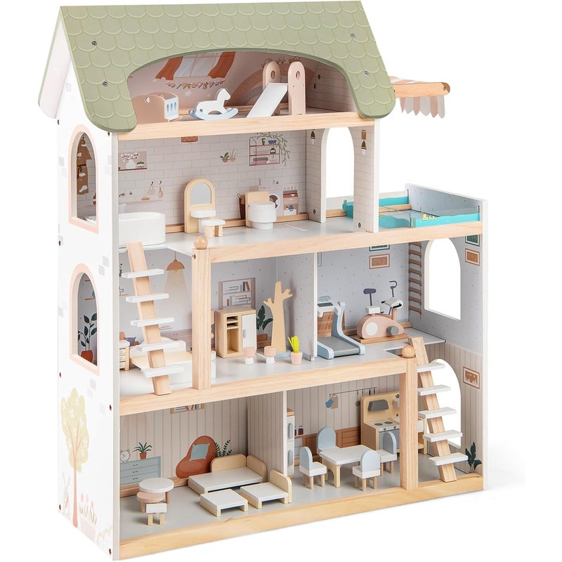 4-piętrowy Drewniany Domek dla Lalek, Wymarzony Domek z 33 Akcesoriami, 6 Sypialniami, Balkonem z Basenem, Zabawka Edukacyjna dla Dzieci Powyżej 3 Lat