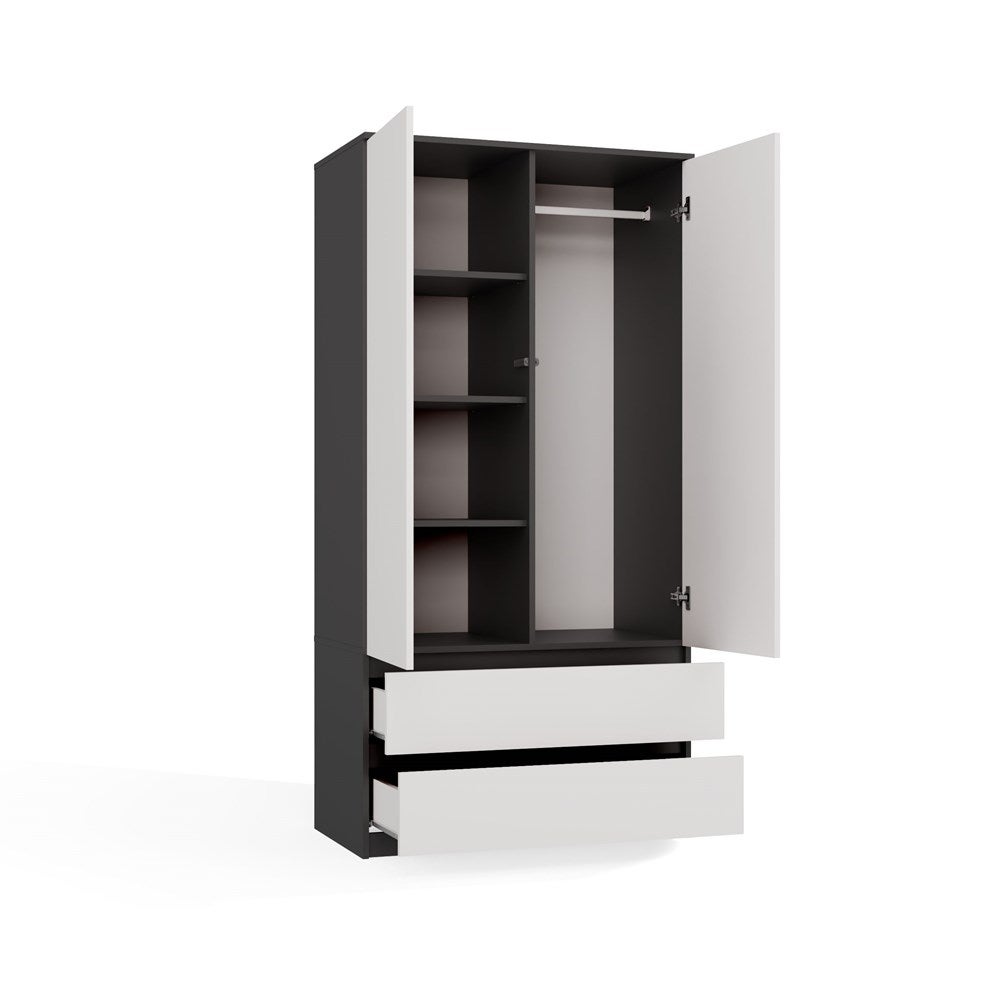 TURIN - Armoire de chambre - Penderie multifonctions - 2 portes + 2 tiroirs - Dressing - Anthracite et Blanc - 6