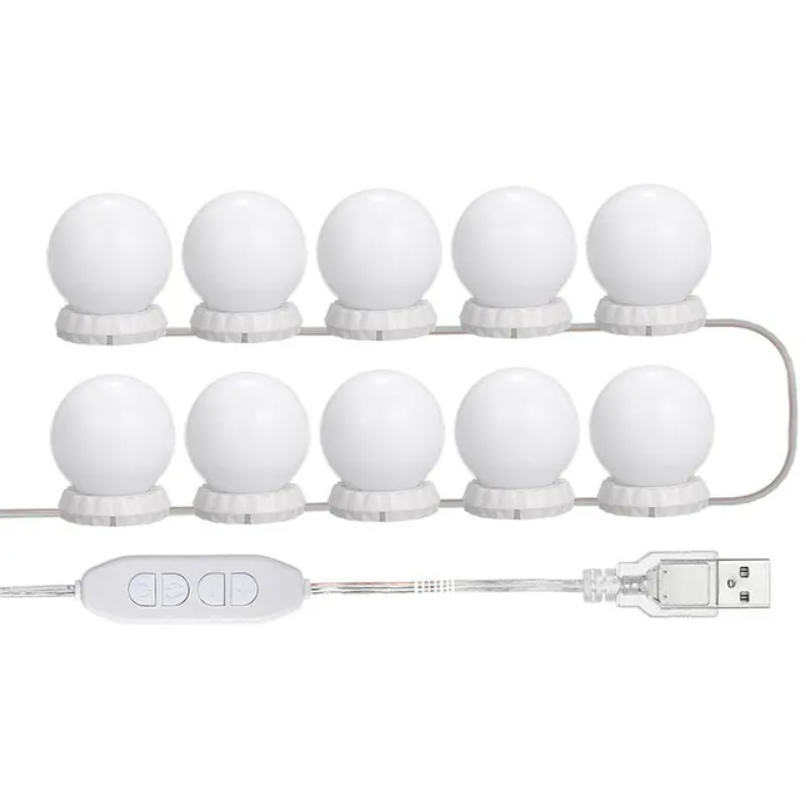 Zestaw Oświetleniowy LED do Lustra Kosmetycznego, z 10 Regulowanymi Żarówkami, 10 Poziomami Jasności i 3 Trybami Oświetlenia, Typ USB, Biały