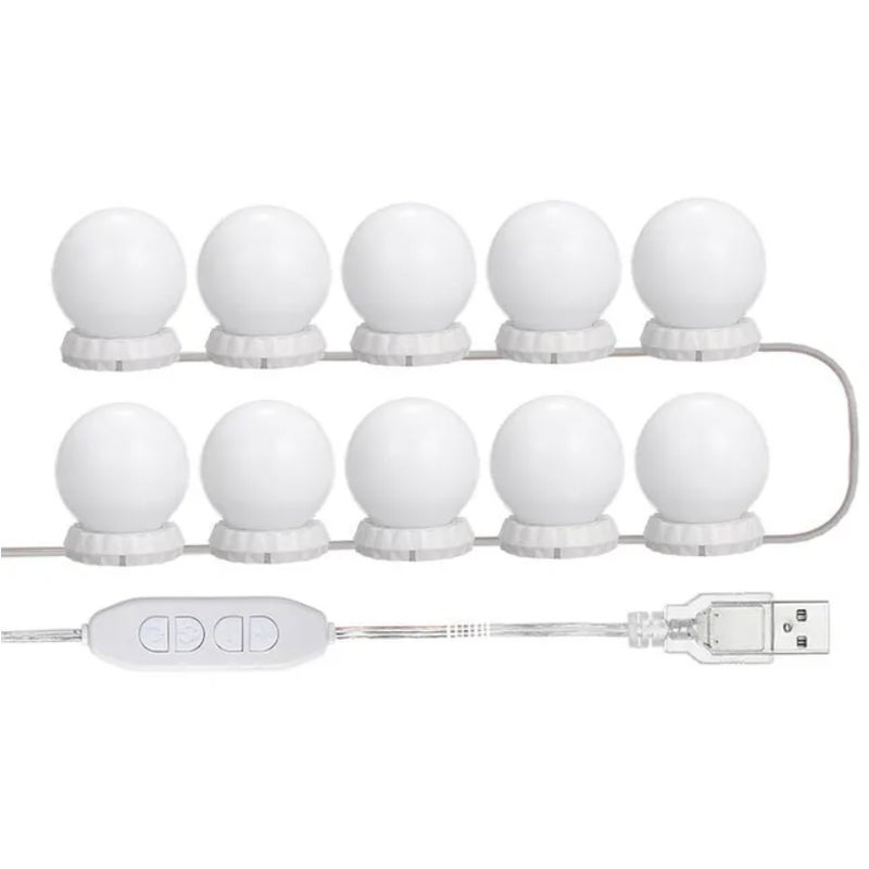 Zestaw Oświetleniowy LED do Lustra Kosmetycznego, z 10 Regulowanymi Żarówkami, 10 Poziomami Jasności i 3 Trybami Oświetlenia, Typ USB, Biały