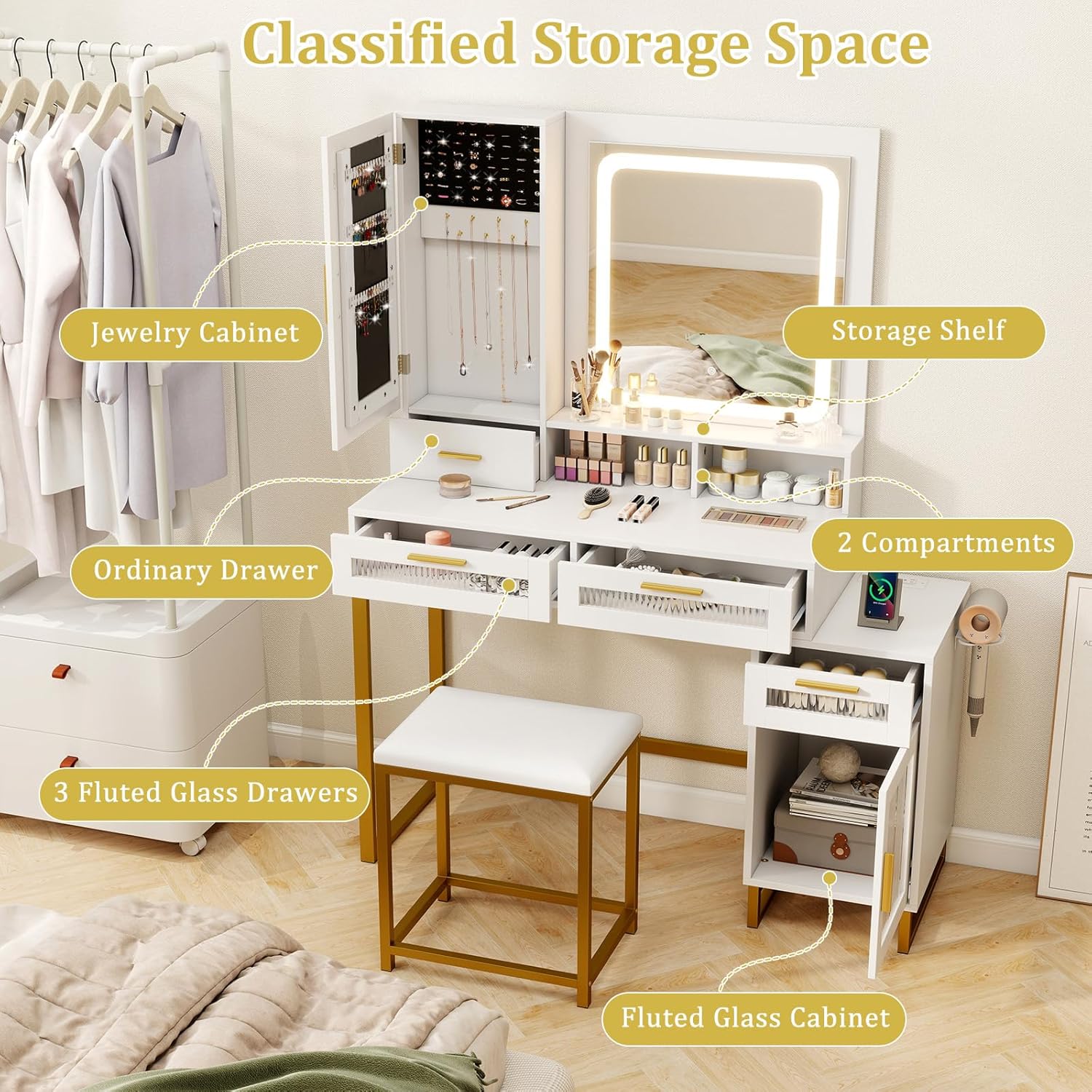 Coiffeuse Puluomis Avec Miroir LED Et Tabouret – Bois Blanc – Pour Chambre