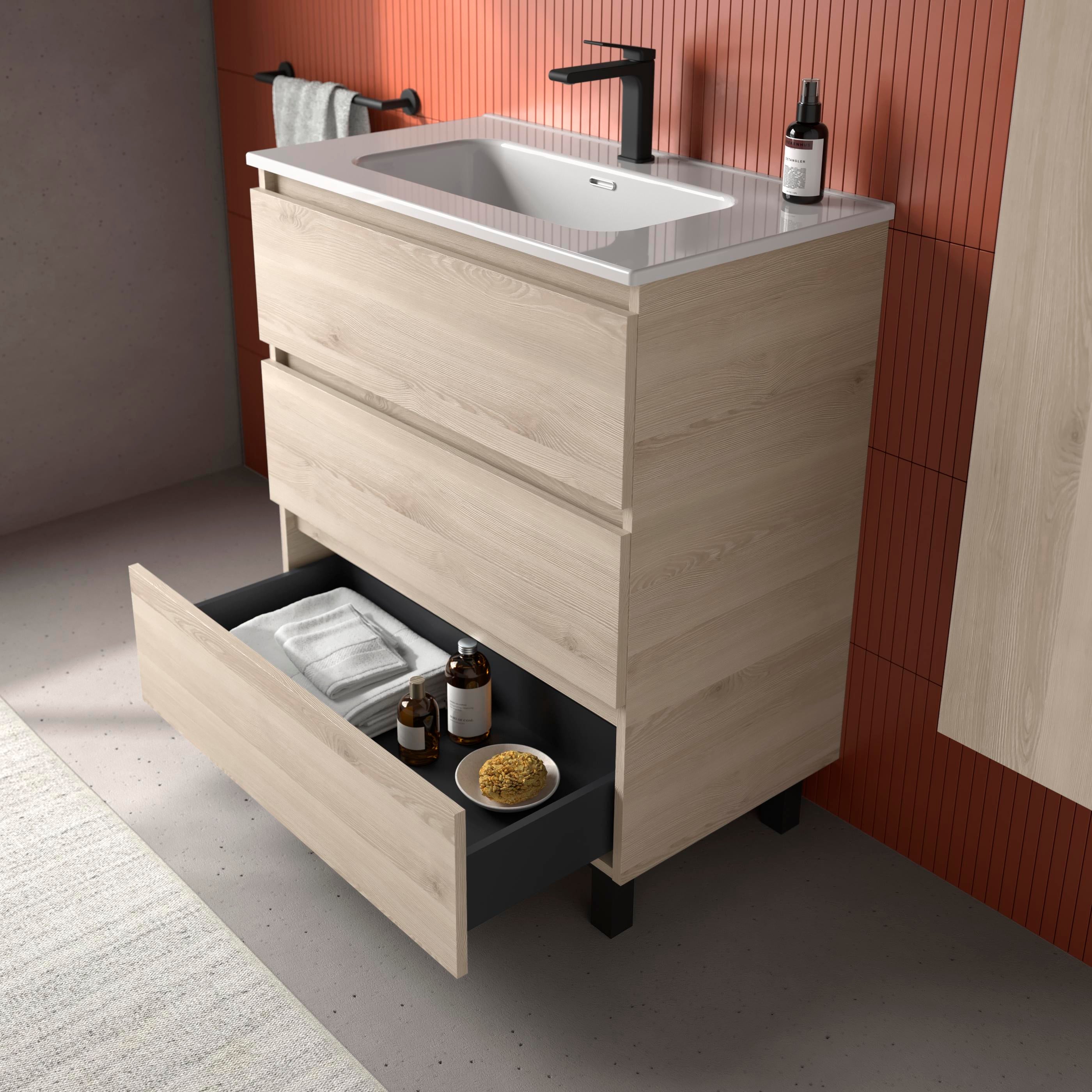 Meuble de salle de bain BEQUIA 3C 100cm Naturel | Vasque Porcelaine Centrale - 2