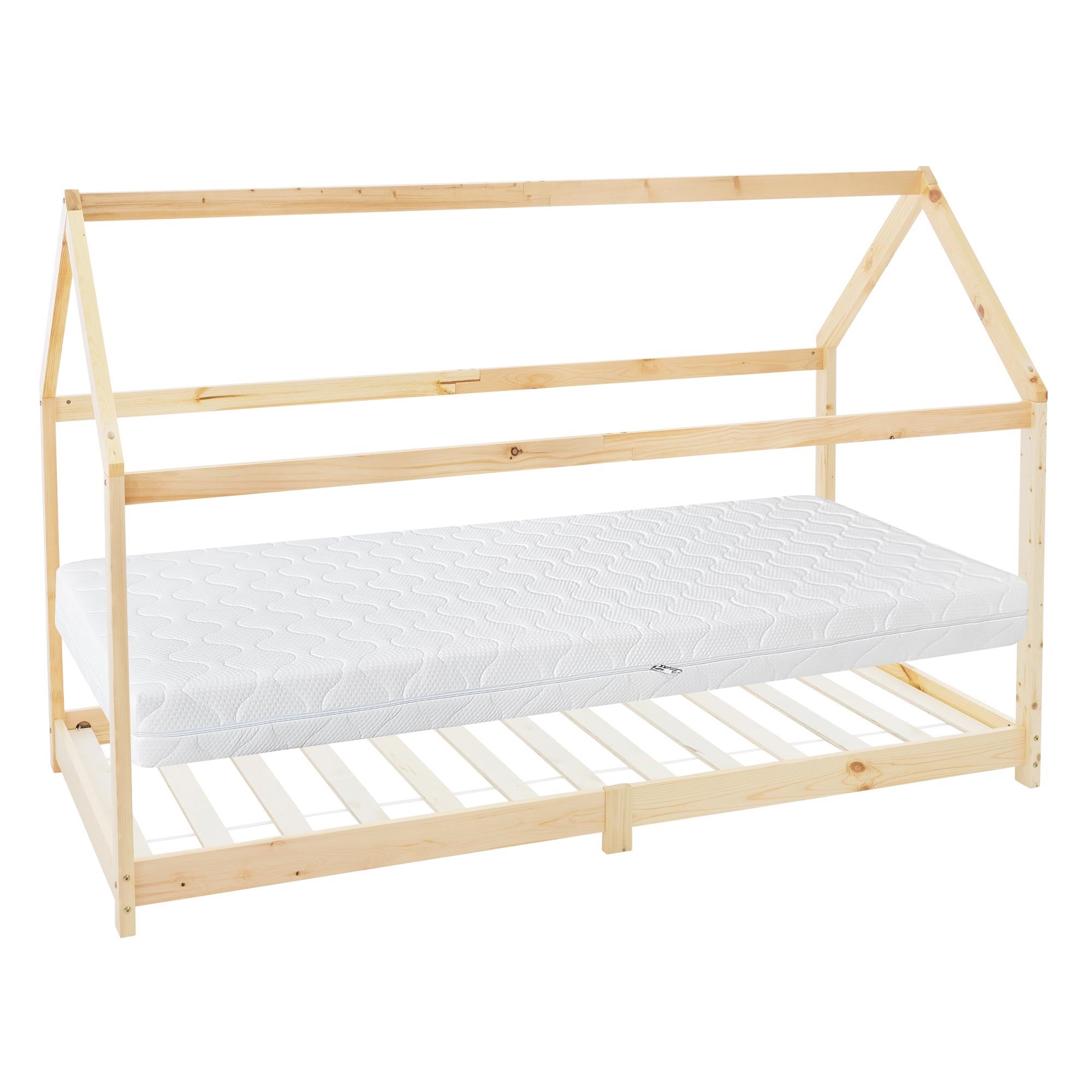 Lit cabane enfant 90x200 cm naturel bois de pin massif avec matelas H16cm, toit et sommier à lattes, couchage au sol maisonnette - 4