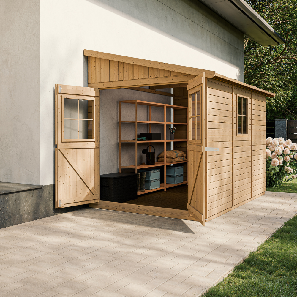 Abri de Jardin en Bois Naturel (sans paroi latérale)- Stockage extérieur avec fenêtres- H243x216x318 cm/6 m2 - TIMBELA M339 - 2