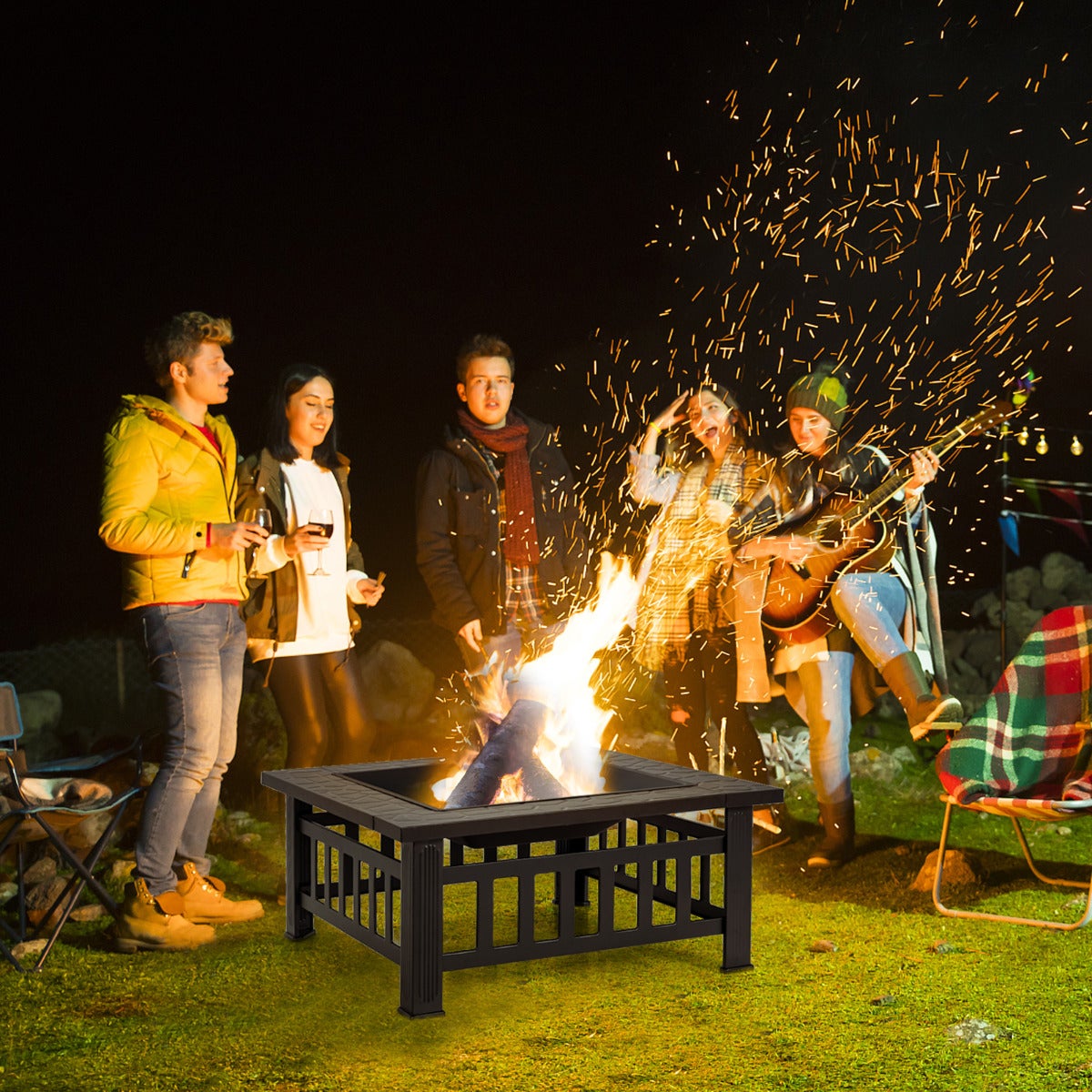 Mesa brasero exterior 81cm cuadrada madera 3 en 1 parrilla leña barbacoa camping fogata negro