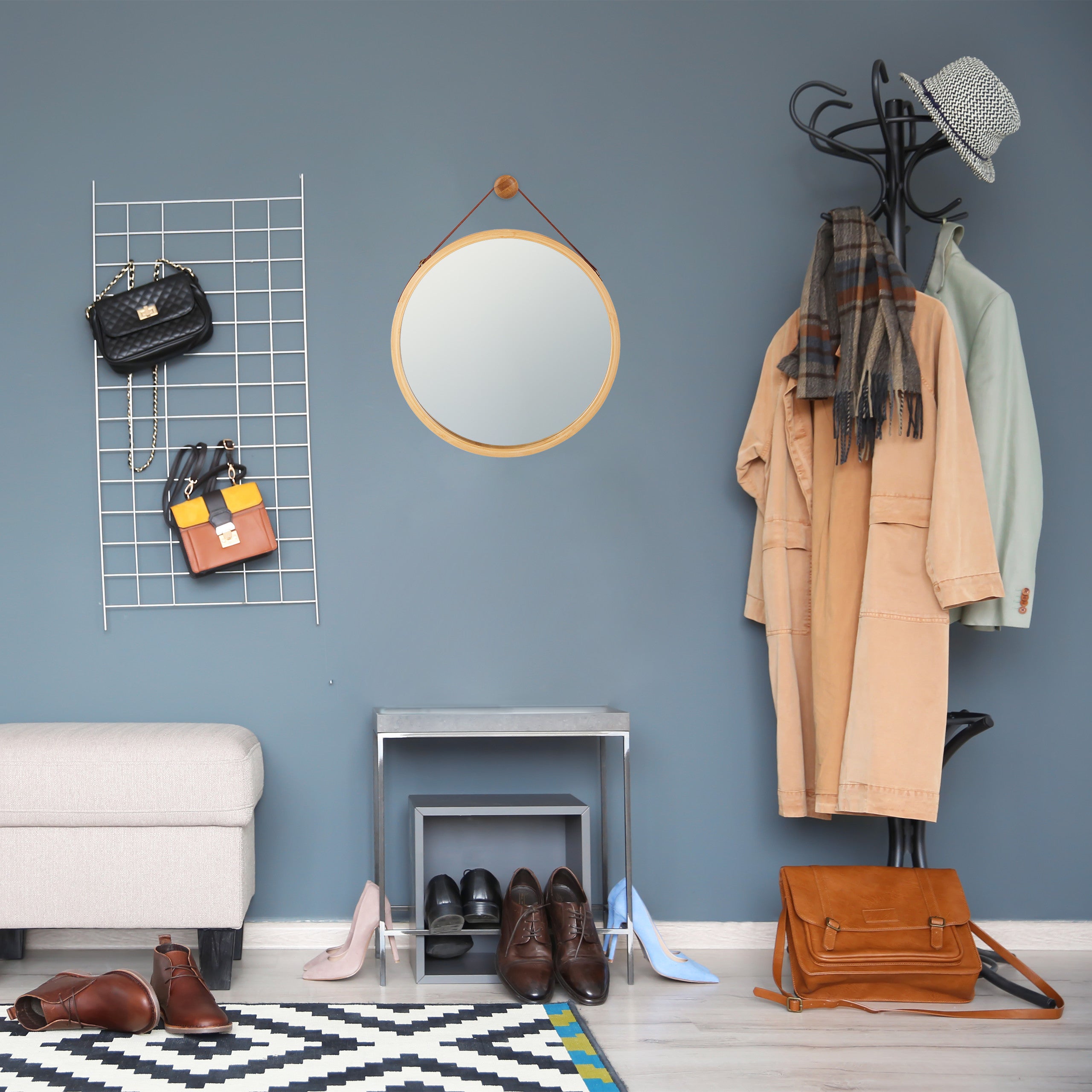 Miroir rond à accrocher, lanière réglable, En bambou, moderne, couloir, salle de bain, ∅: 45 x 60 cm, naturel, Relaxdays - 3