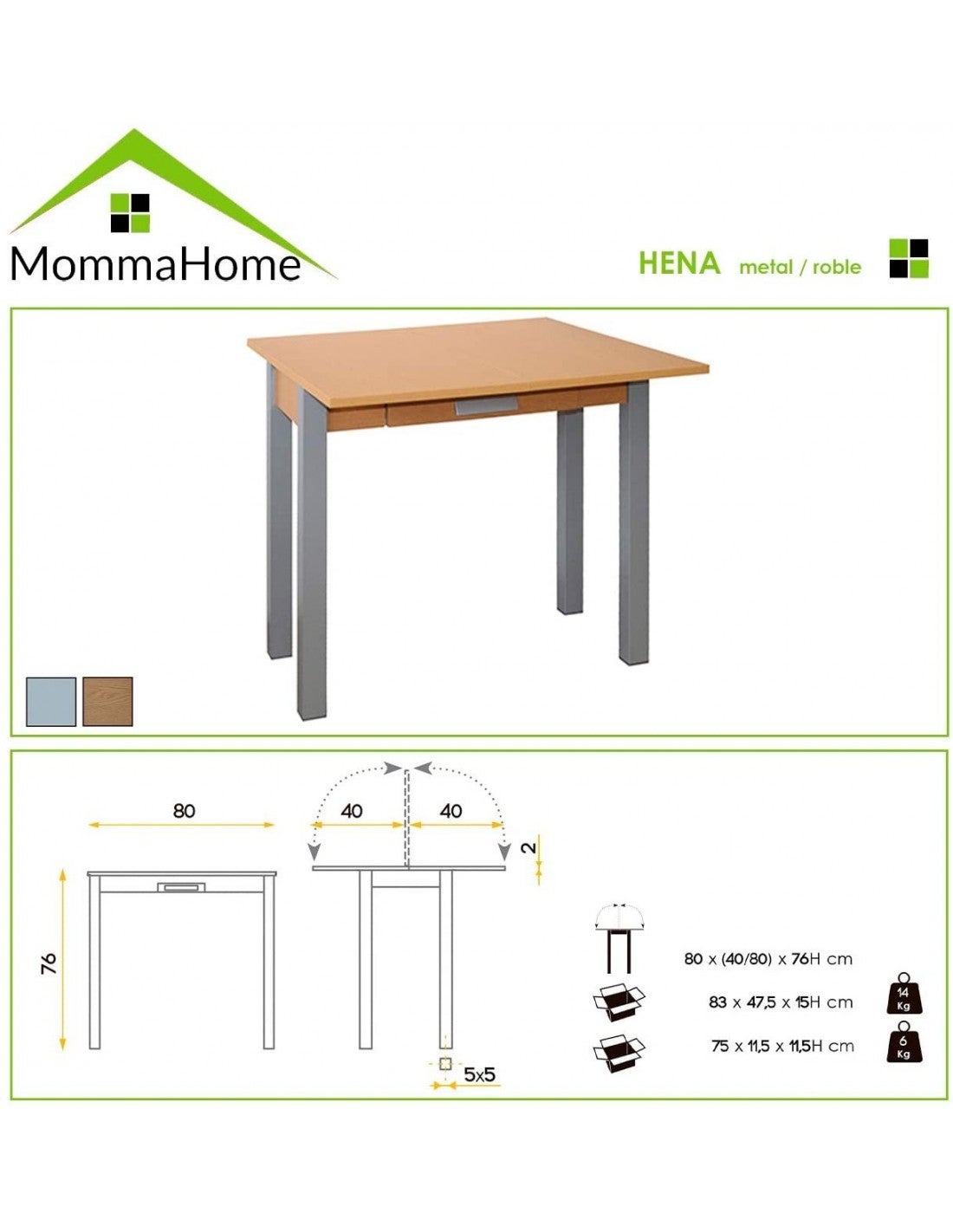 Mesa de Cocina Rectangular Extensible - 80X40/80cm - Modelo HENA ...