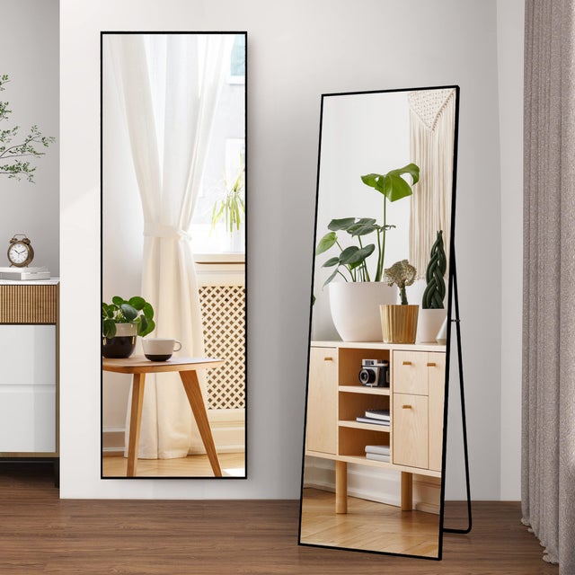 Miroir sur pied Rectangulaire 164 x 54cm, Grand Miroir Intégral avec Cadre en Alliage d’aluminium pour Chambre, Salon, À suspendre ou s'appuyer, Noir