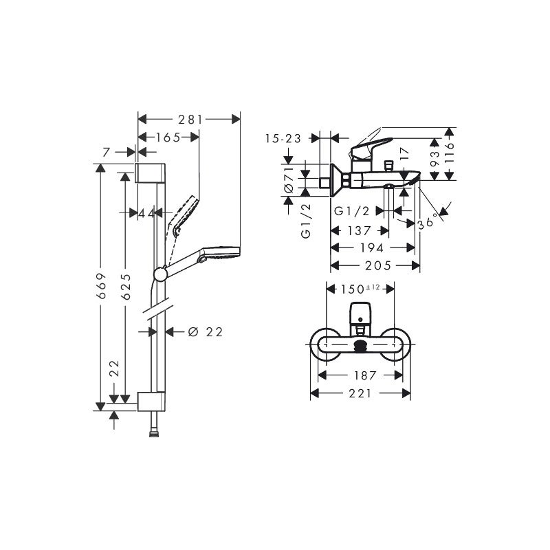 Hansgrohe Set bain/douche Mitigeur Logis + Douchette 2 jets + Barre de douche 65cm + Flexible, Chrome (71400000-CROMETTA) - 4
