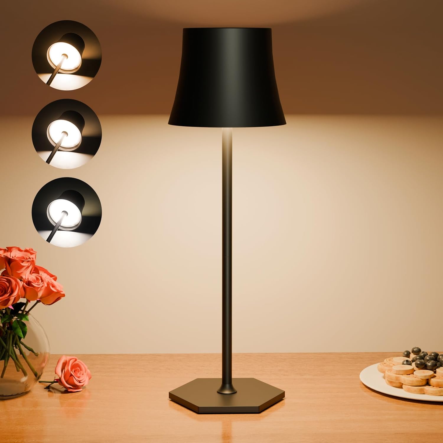 Akumulatorowa bezprzewodowa lampa stołowa LED, sterowanie dotykowe. Akumulator 4000 mAh, ładowanie przez USB, wodoodporność IP54. Można ją umieścić na