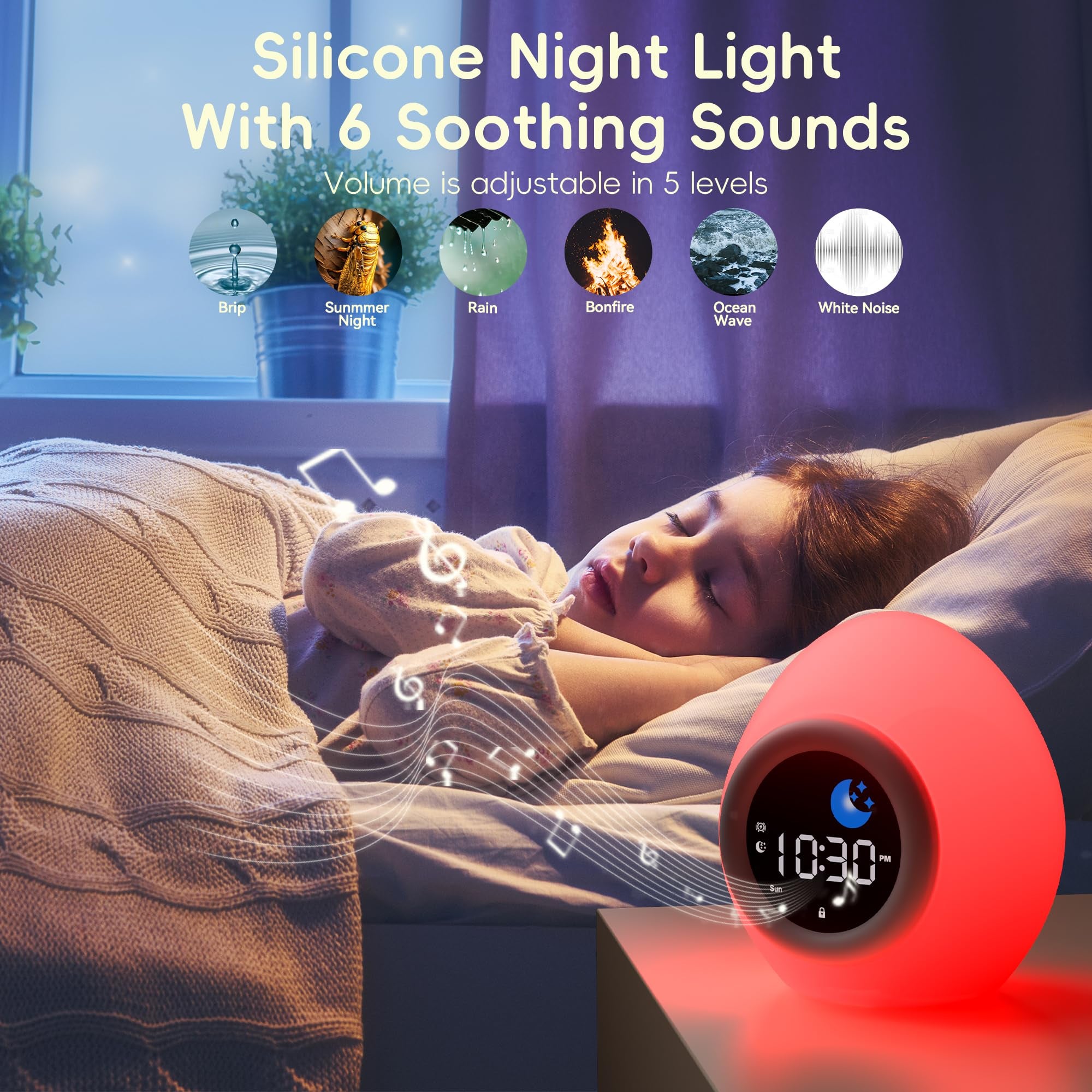 Réveil pour enfants, réveil rechargeable, réveil jour/nuit/fonction snooze/luminosité de l'écran réglable/7 couleurs/6 chansons/arrêt automatique - 5