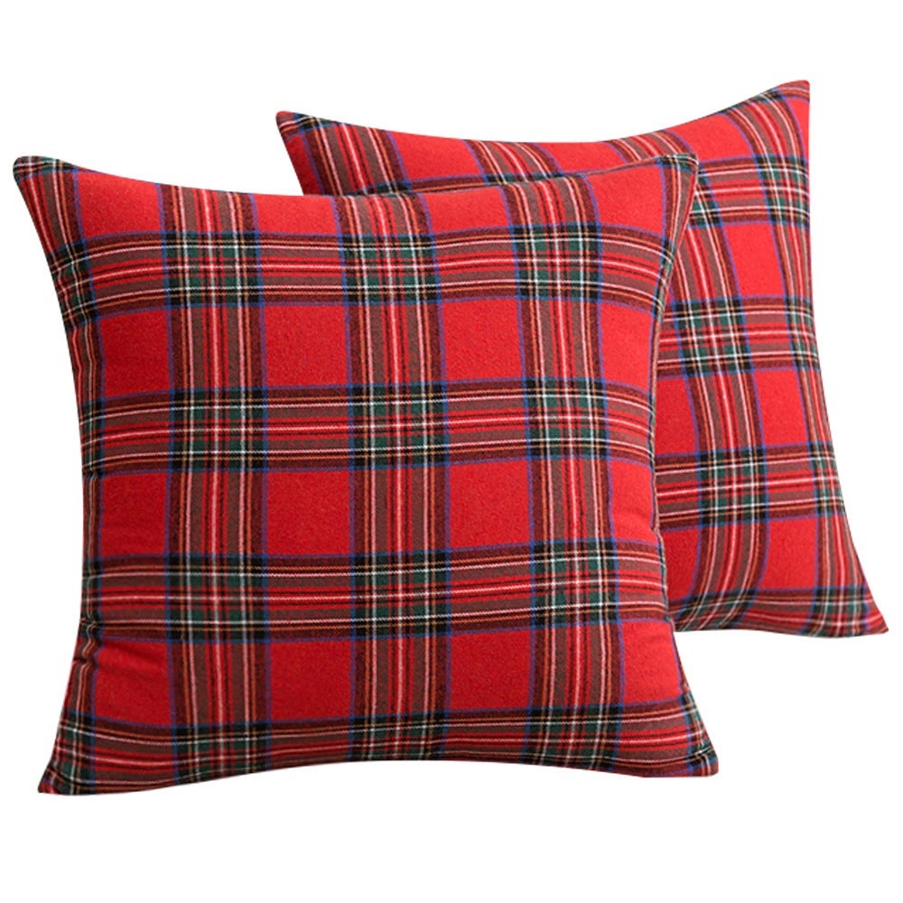 Confezione da 2 federe decorative quadrate, per cuscino, decorazione per la casa, per divano, letto, sedia, motivo scozzese, colore rosso