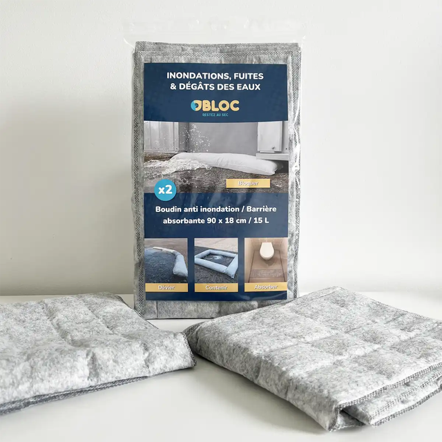 2 Boudins anti inondation (90 x 18 cm - 15L) OBLOC® | Barrières absorbantes contre les fuites et dégâts des eaux