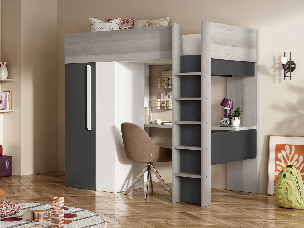 Lit mezzanine 90 x 200 cm avec armoire et bureau - Anthracite et blanc