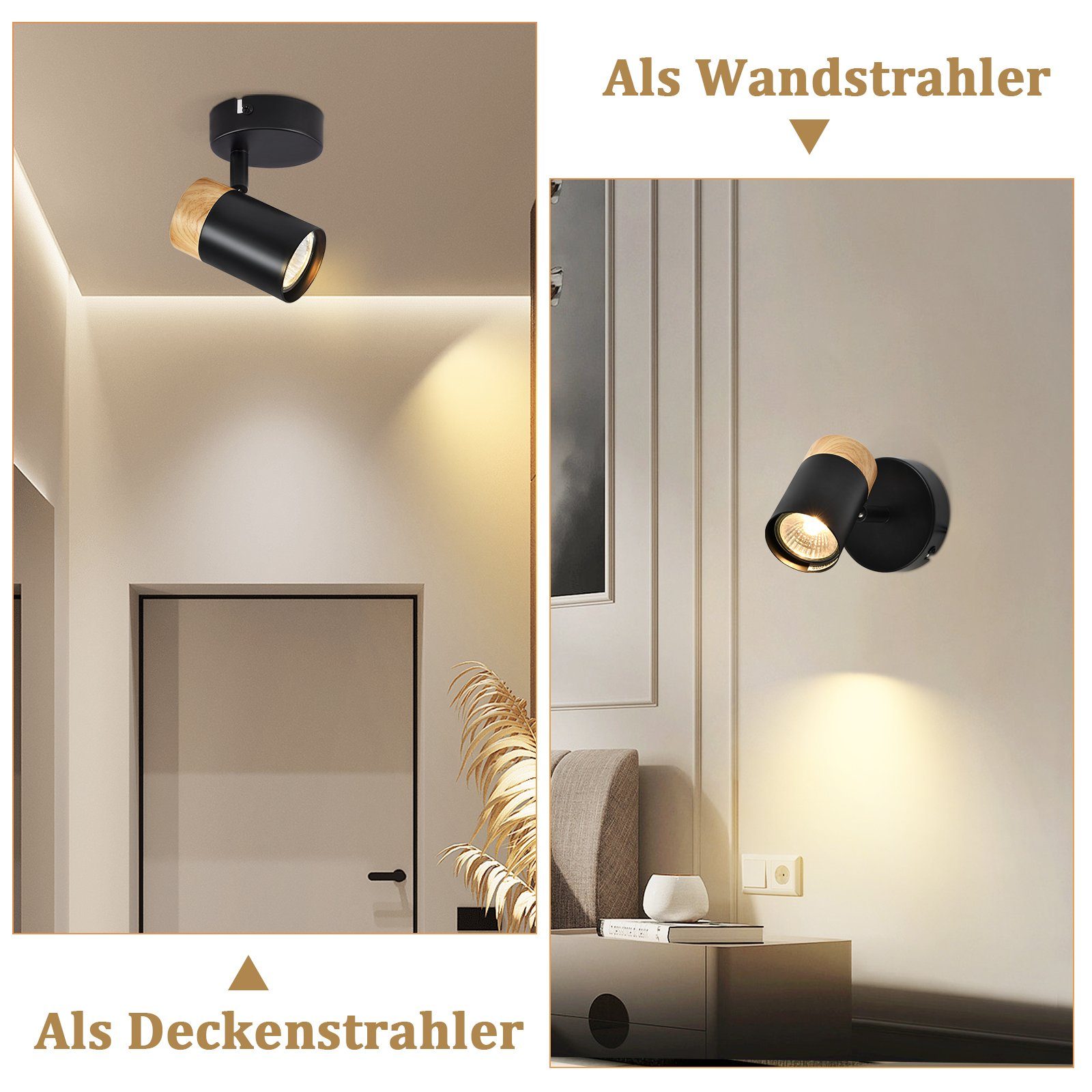 NETTLIFE Plafonnier LED Spot Spots en Bois GU10 Pivotant 330° Lampe Noir Vintage Intérieur pour Couloir Salon Chambre Cuisine - 5