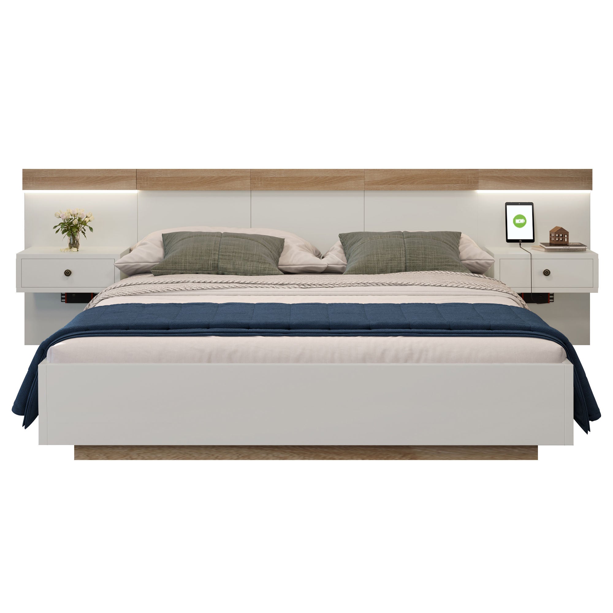 Łóżko dla dorosłych 160x200 cm z drewna z wiszącymi szafkami nocnymi + gniazda LED i USB + stelaż z listew - białe - 3