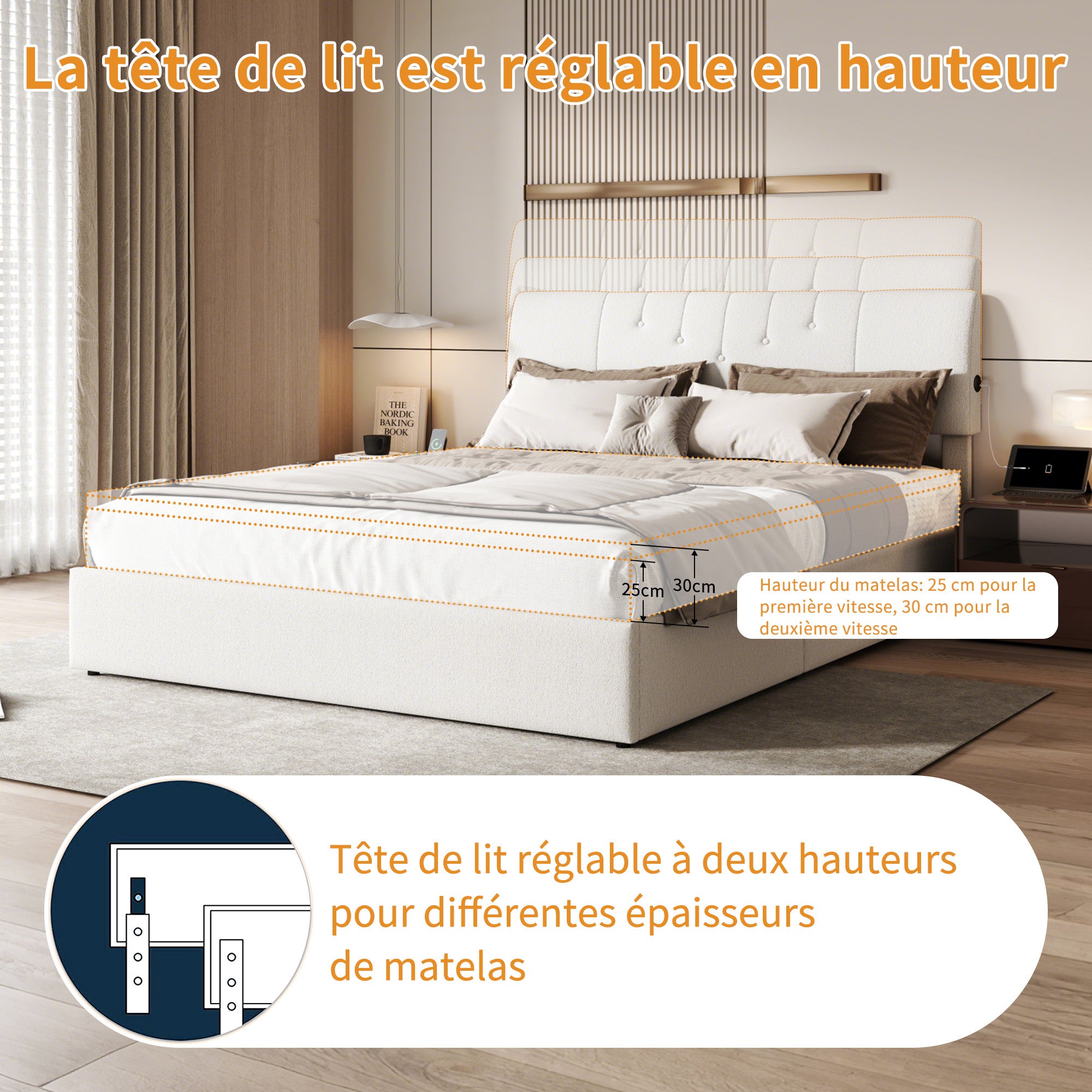 Lit 140x190 cm avec sommier à lattes, COZY, lit adulte avec USB et Type C, cadre de lit coffre, tissu en teddy velours, blanc - 5