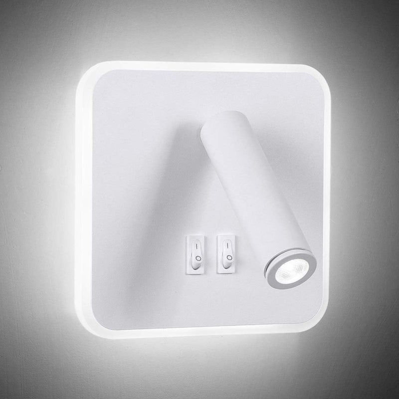 Biała kwadratowa lampka nocna LED, reflektor z możliwością regulacji, lampka biurkowa ze stopu aluminium, ciepłe światło 3000K (3W+8W)