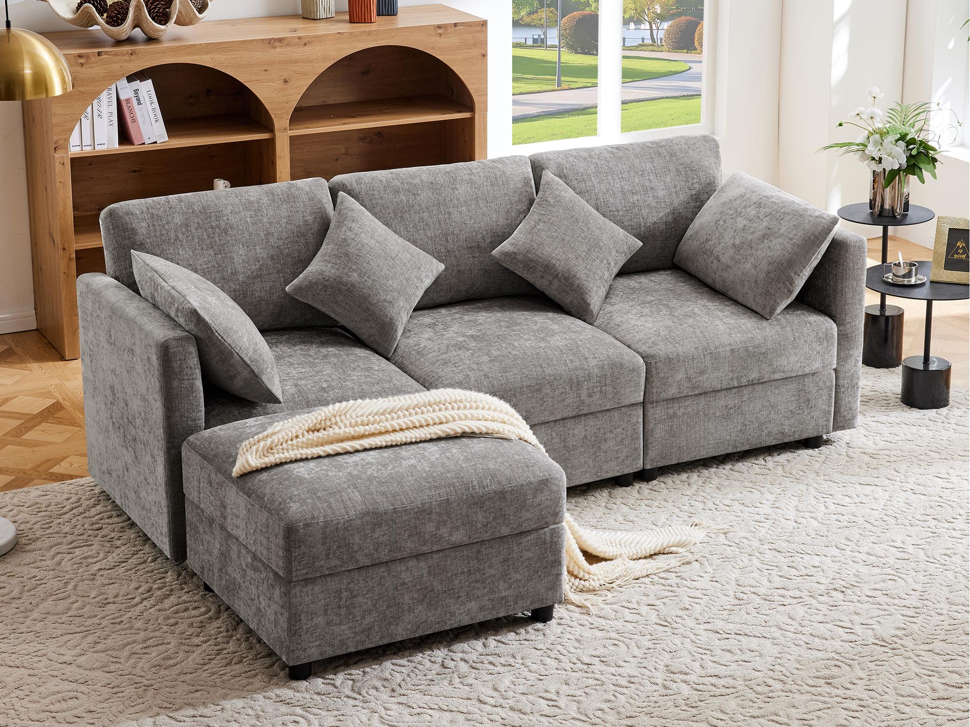 Narożna sofa w kształcie litery L - 3-osobowa - z podnóżkiem - 4 poduszki - regulowane podłokietniki - szara