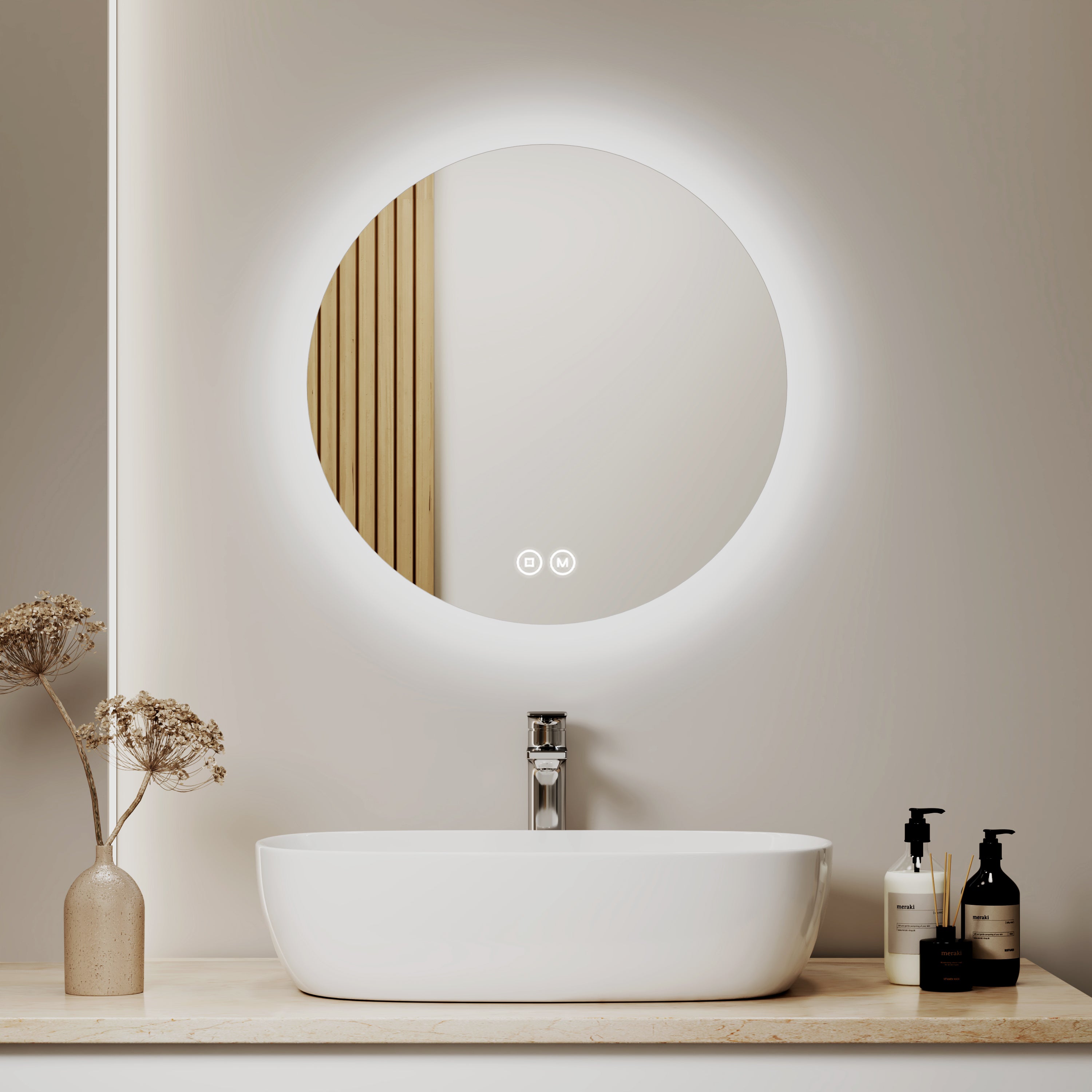 Miroir Rond LED Salle De Bain 50cm - 3 Couleurs De Lumière Réglables - IP44 étanche - Interrupteur Tactile