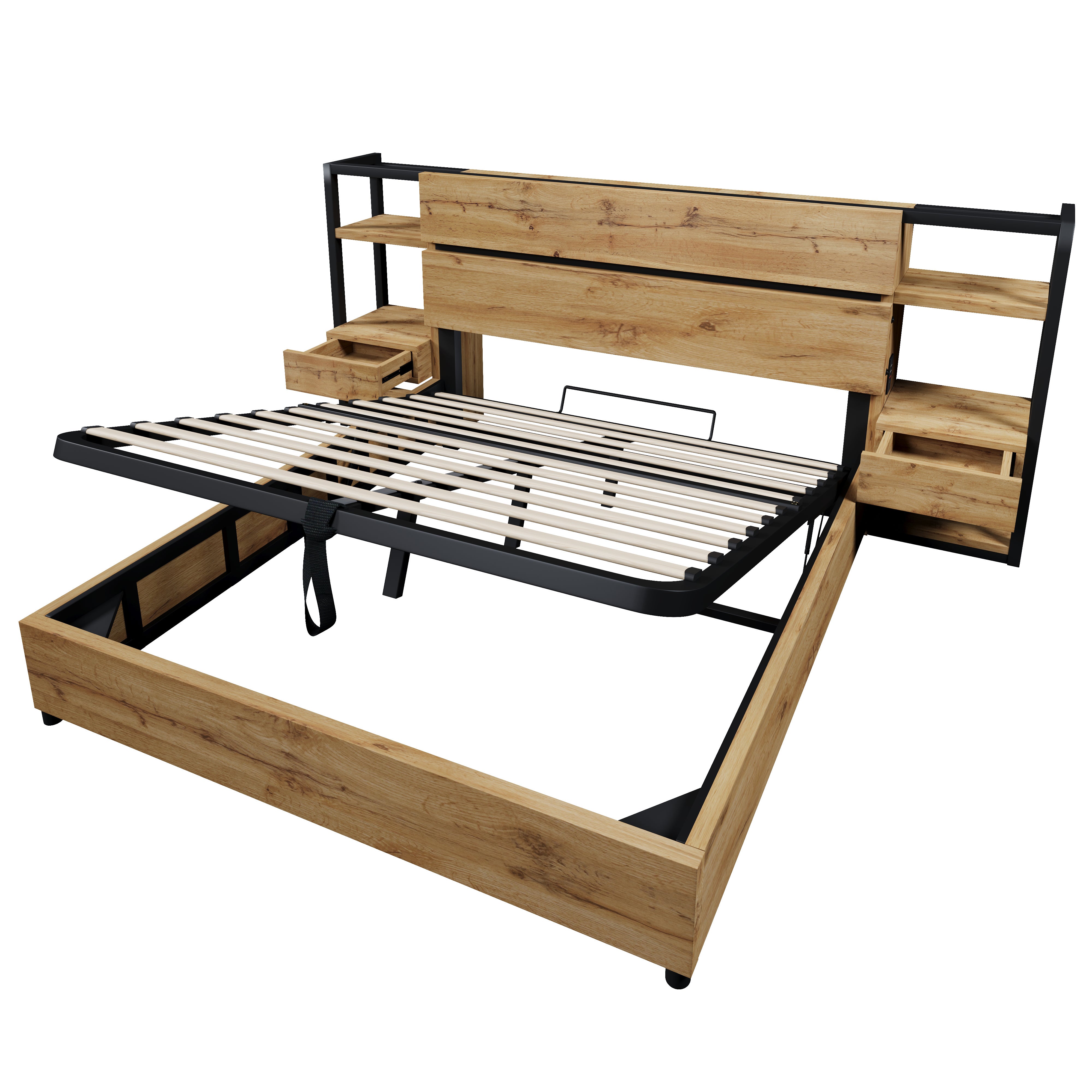 Lit 160x200 avec sommier à Lattes et hydraulique, Lit Coffre avec tiroirs et USB TypeC, Cadre de Chêne (Sans Matelas) - 8