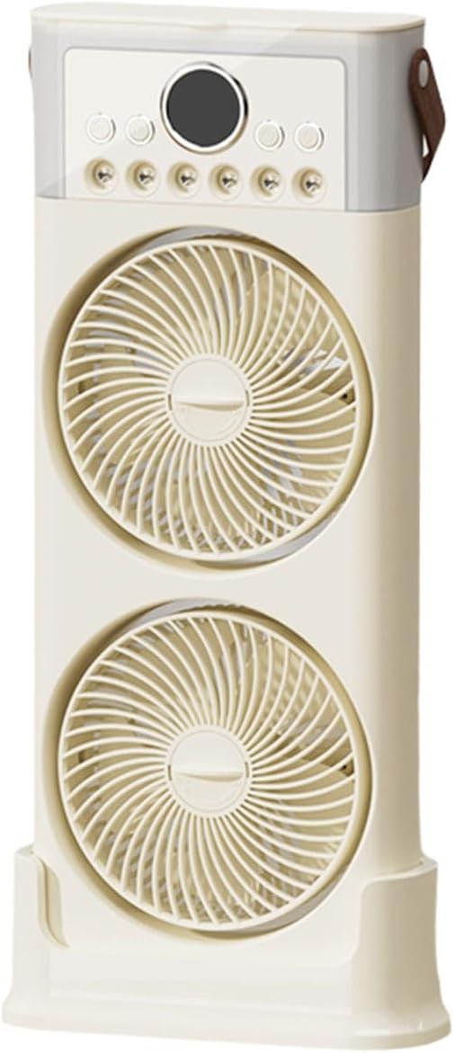 Podwójny wentylator z nawilżaczem, 6 dysz, regulowany w zakresie 360°, cichy, USB C, przenośny, 3600 mAh (beżowy, 49 cm)