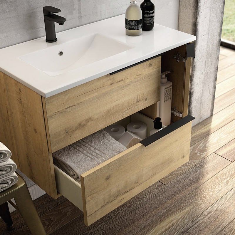Meuble de salle de bain 100 cm vasque déportée - 2 tiroirs - sans miroir - roble (chêne clair) - KING - 2