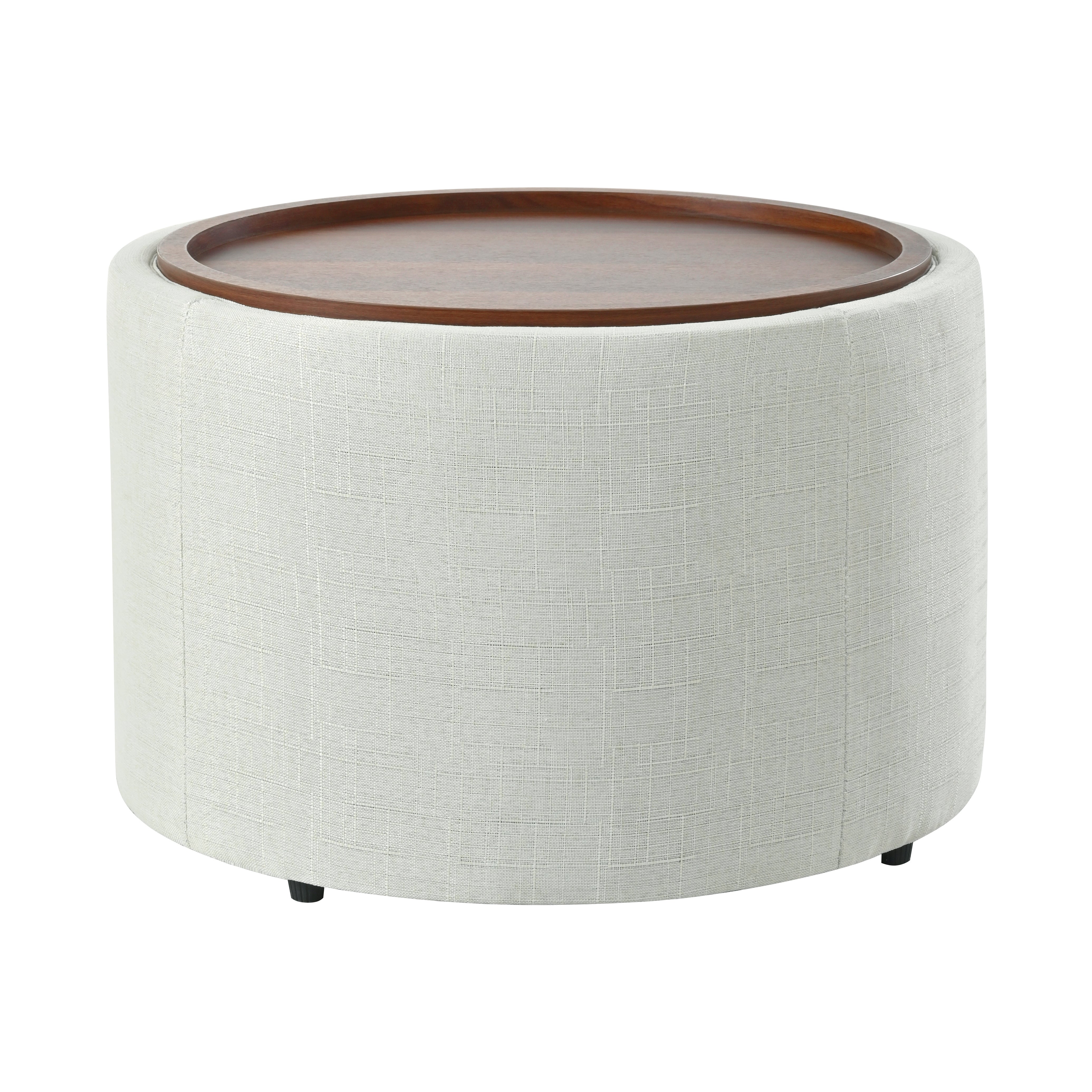 Set di 2 pouf impilabili con contenitore, piano in legno, in lino, beige - 7