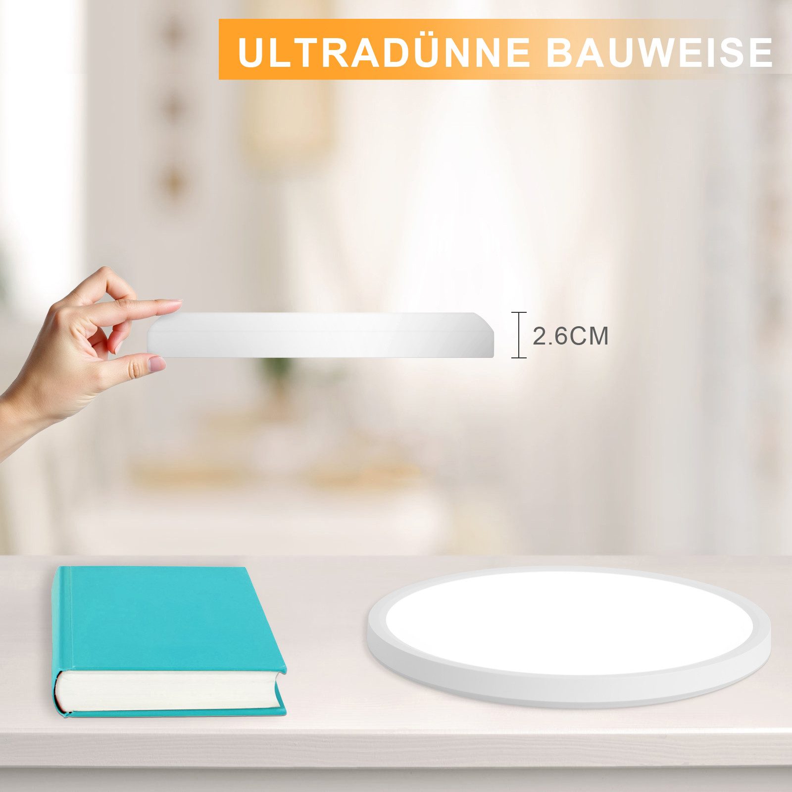 NETTLIFE Lampa sufitowa LED do łazienki, płaska, 24 W, okrągła, biała, do kuchni, nieściemnialna - 7