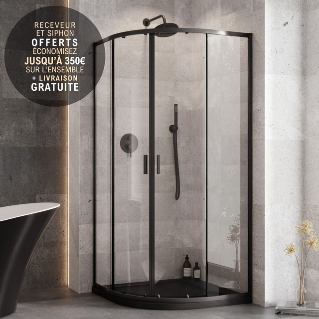 Cabine de douche 80x80cm noir semi-circulaire ZARYA BLACK - avec receveur effet pierre noir extraplat AXIM BLACK et Siphon OFFERTS