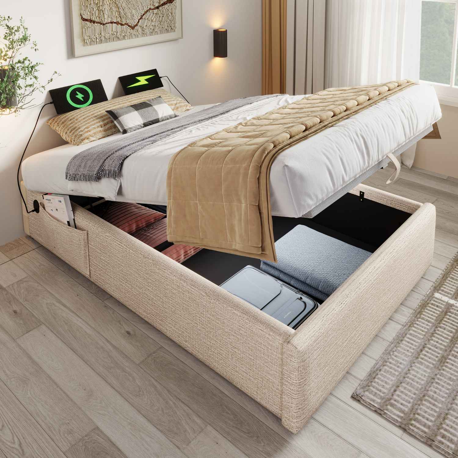 Łóżko tapicerowane jednoosobowe 90x200 cm z USB-C, hydrauliczną przestrzenią do przechowywania, stelażem na listwach, z lnu, beżowe