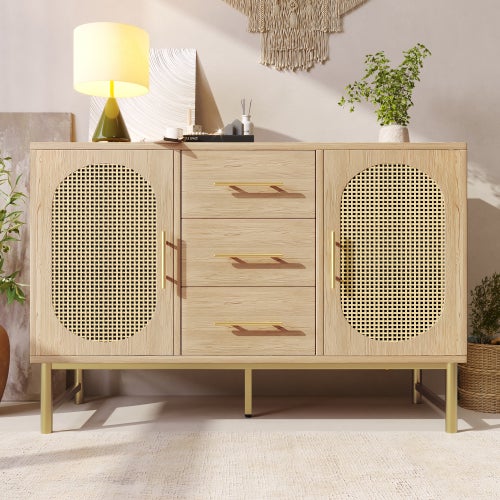 Aparador de ratán con 3 cajones y 2 puertas de ratán, cómoda, tocador, para dormitorio y salón, estantes ajustables, 120 x 40 x 74 cm