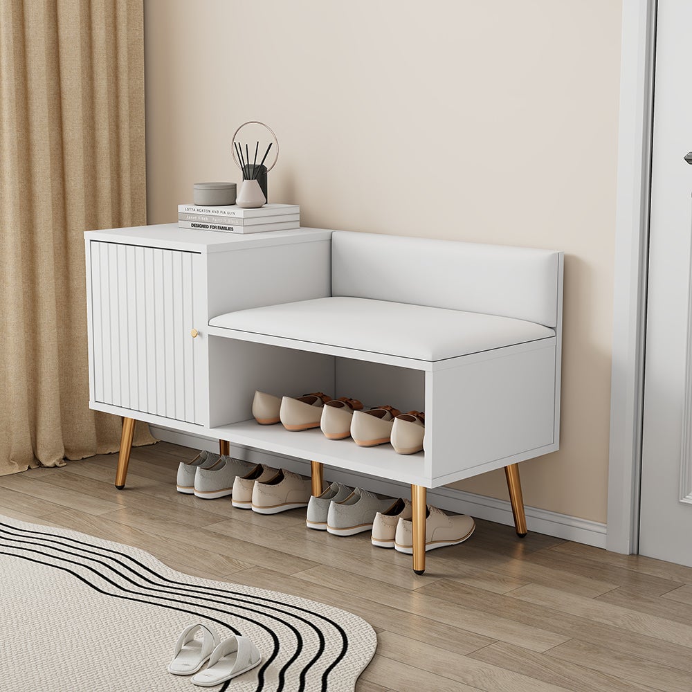 Armoire Banc à chaussures moderne avec trois portes de rangement Avec poignées métalliques asymétriques Blanc - 5