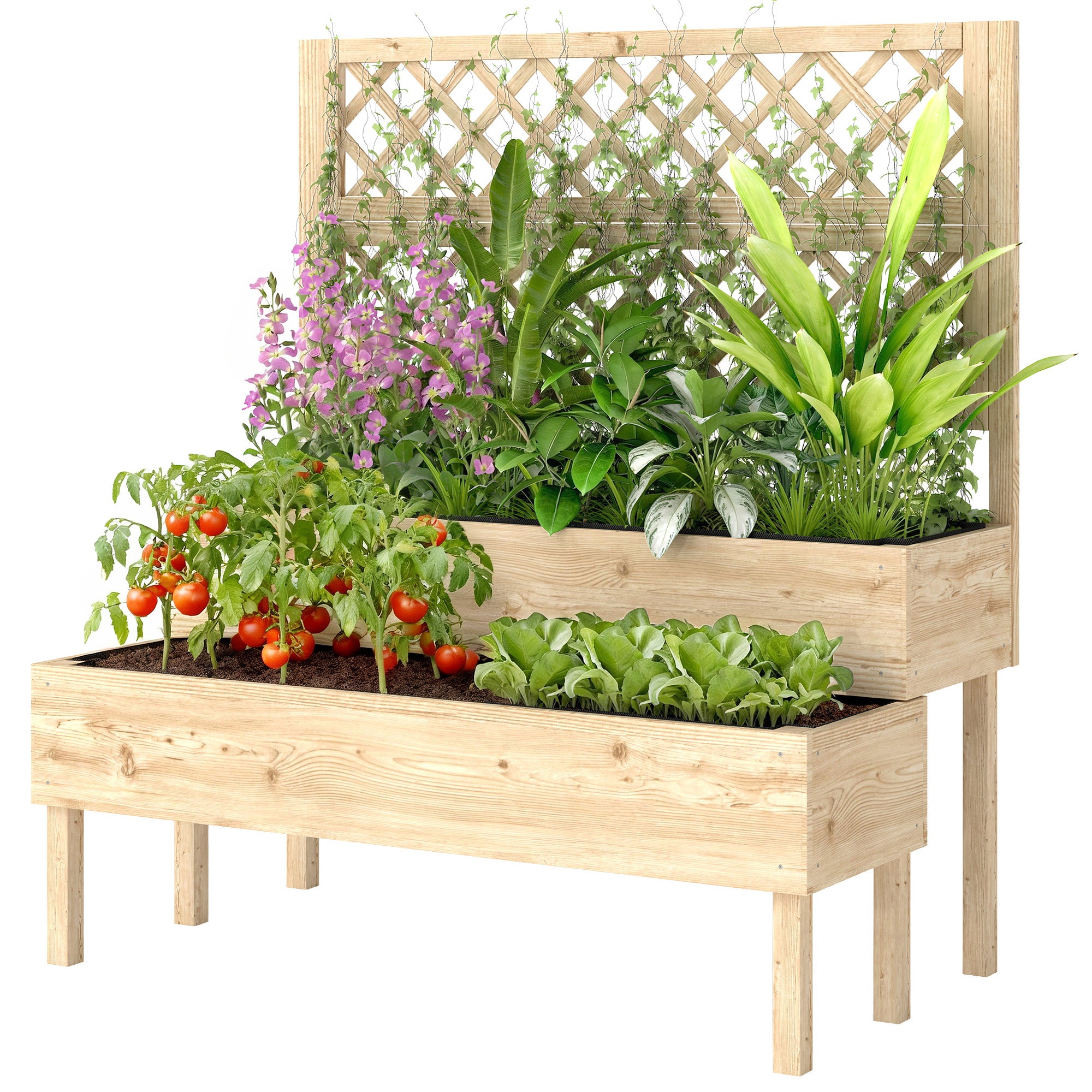Jardinière surélevée à 2 niveaux avec treillis, jardinière intégrée, revêtement en tissu non tissé, 108 x 62 x 120 cm, effet naturel - 2