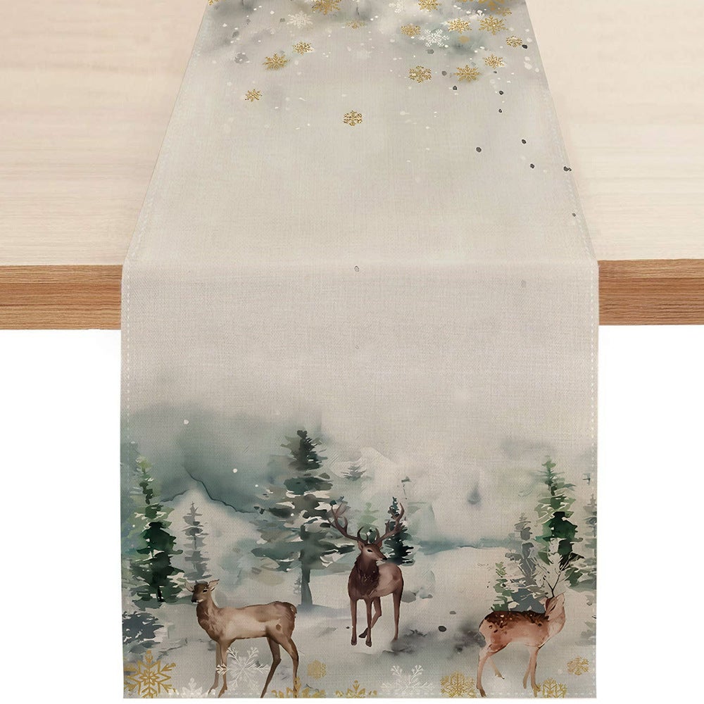 Akwarelowy świąteczny bieżnik z reniferem i choinką, sezonowy zimowy wzór do dekoracji wnętrza kuchni, 33 x 183 cm
