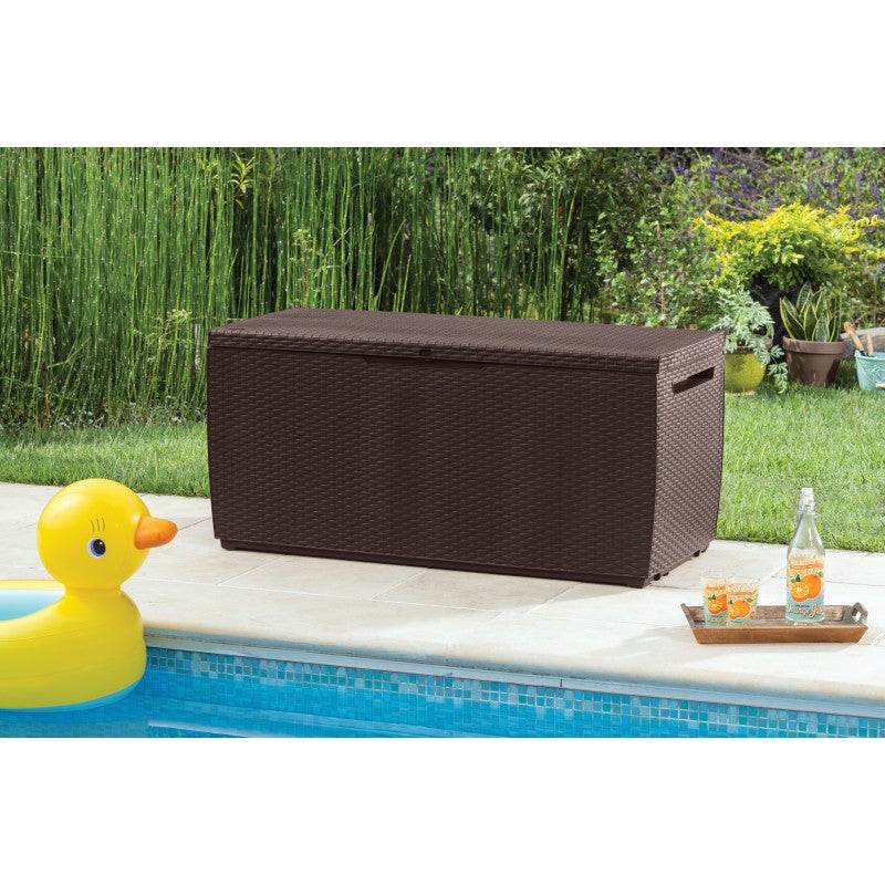 Coffre de rangement extérieur Keter Capri 350L avec roulettes et siège - Effet rotin marron - 3