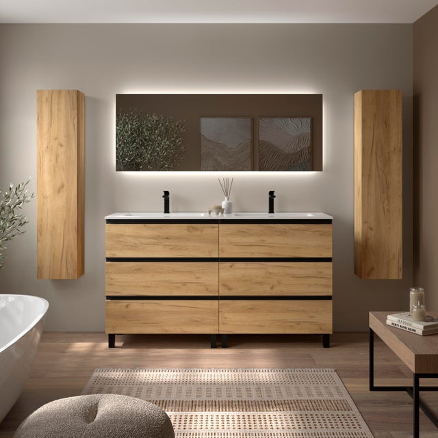 Meuble de salle de bain BEQUIA METAL 3C 160cm Chêne | Vasque Vilna Mineral Solid Centrale