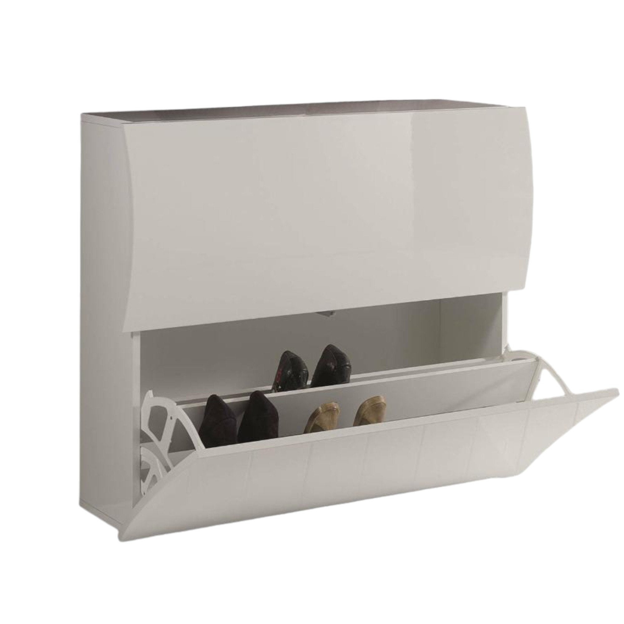 Étagère à chaussures moderne, Made in Italy, avec 2 portes battantes, Étagère à chaussures d'entrée, 101x27h82 cm, couleur blanc brillant - 5