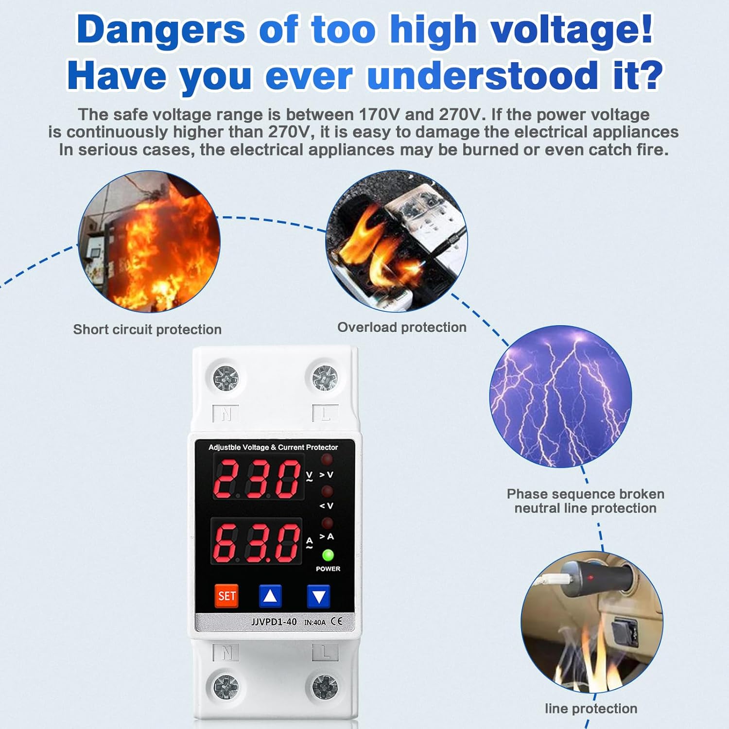 Protection contre les surtensions et les sous-tensions Rail DIN AC 230V 40A LED Parafoudre Arrêt Automatique en Cas de surtension et redémarrage - 4