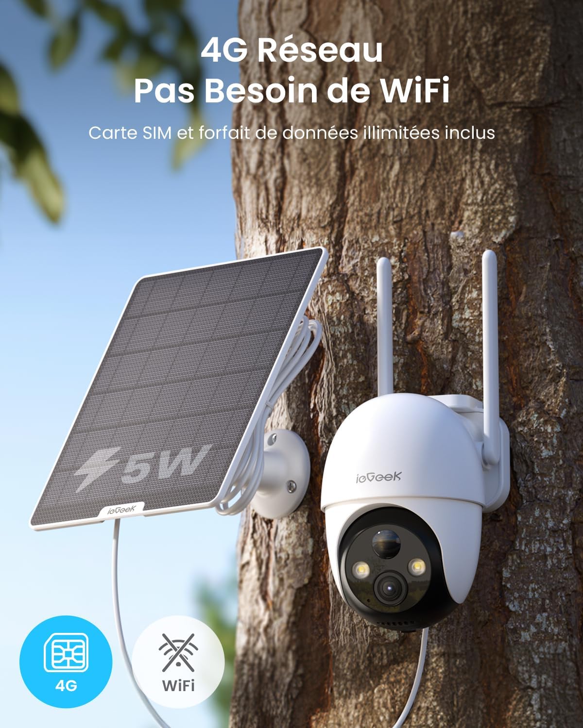 Caméra De Surveillance IeGeek 2K 4G LTE – Extérieur Sans Fil, Solaire, PIR, PTZ, Vision Nocturne (Neuve)