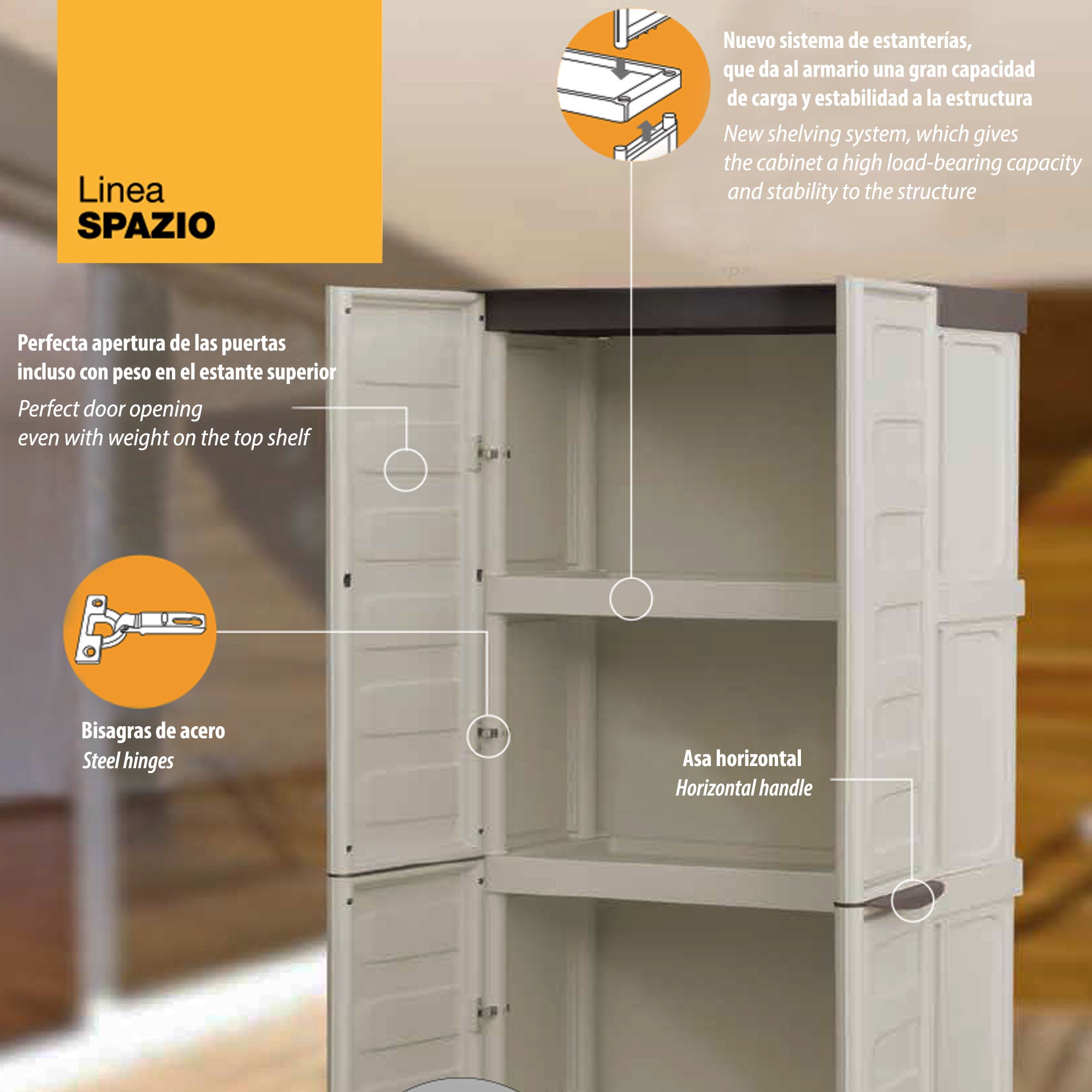 Armoire porte-balais en plastique en polypropylène, couleur ivoire et taupe, L 700 x P 390 x H 1 650 mm - 6