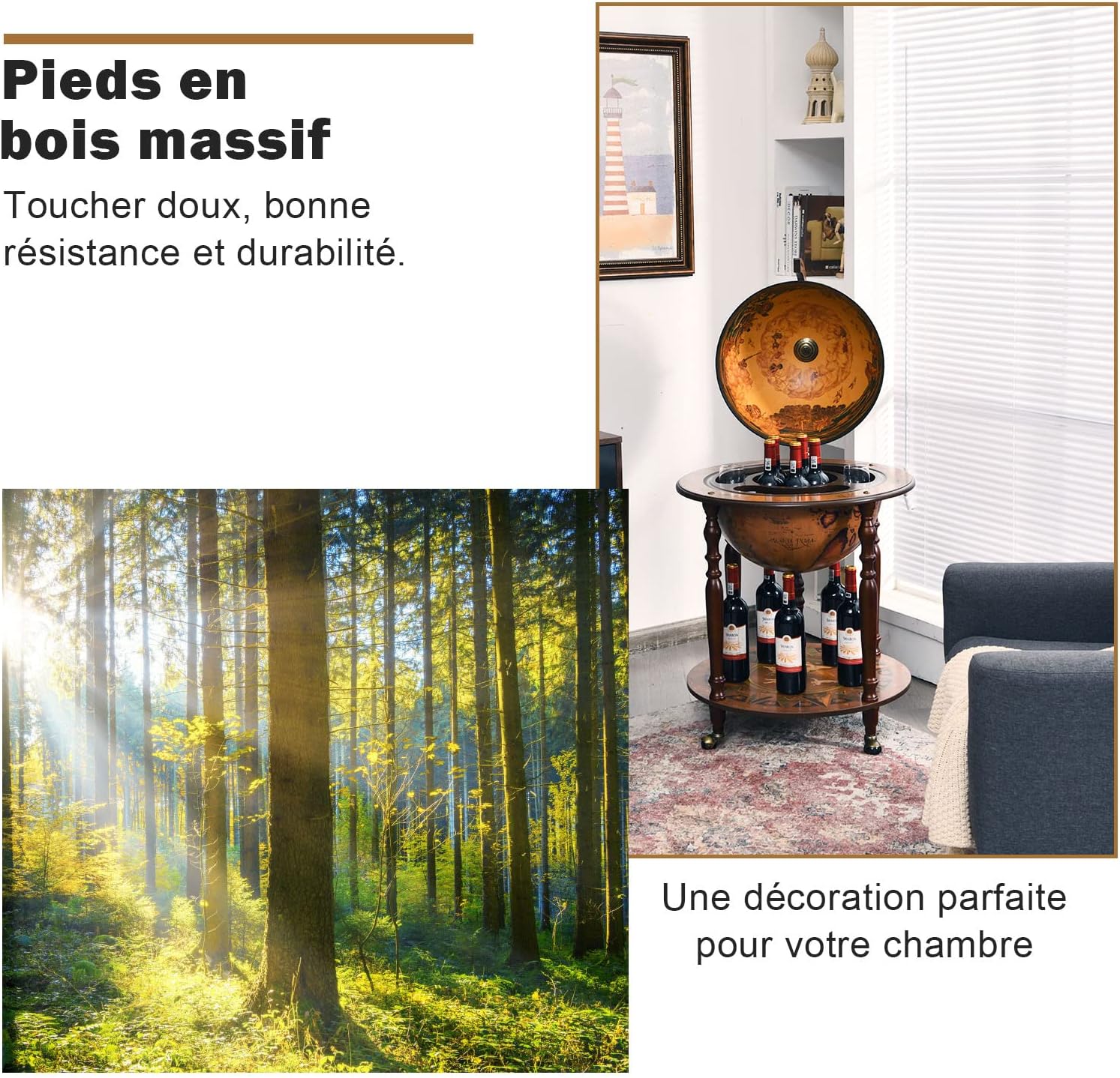 Porta Liquori Mappamondo, Portavino con Ruote, Credenza per Vino con Stile Retrò per Bar Sala da Pranzo e Salone, Diametro 45 cm - 4