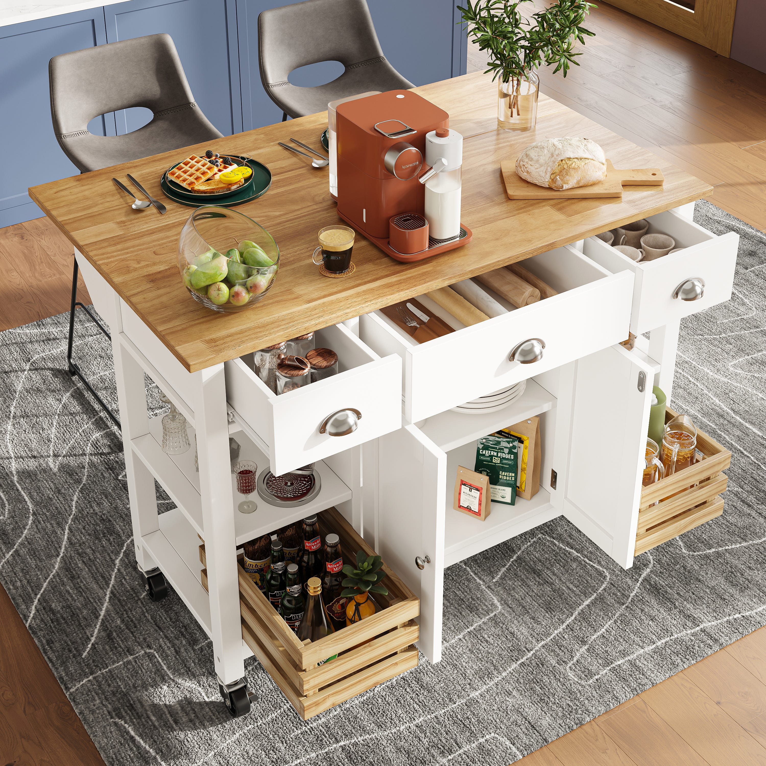 Carrello Cucina Mobile In Legno Di Rovere - 3 Cassetti, Pieghevole, Multifunzione - Foto 10