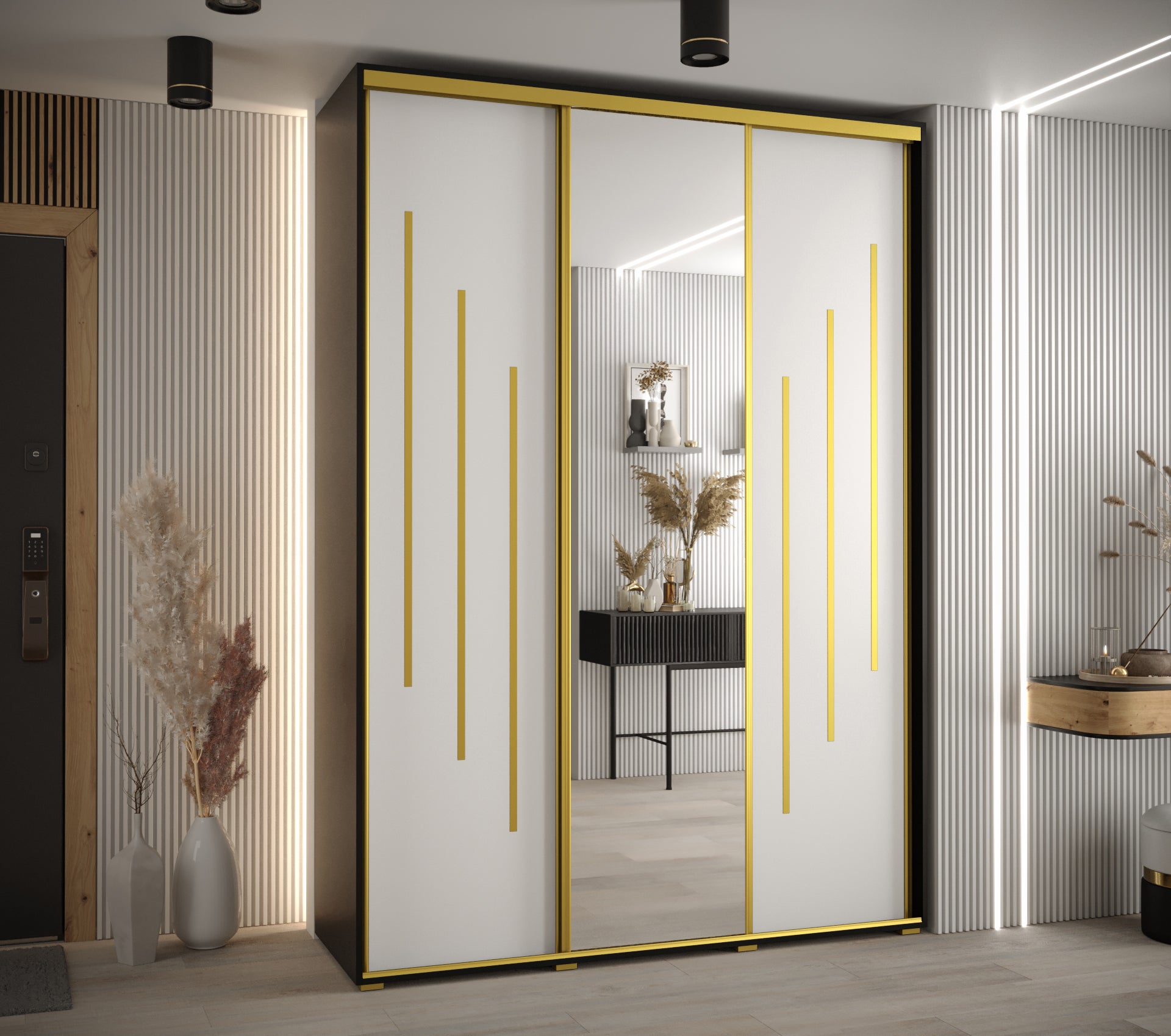 Szafa przesuwna z lustrem wysoka Davos 9 180 x 60 x 235,2 cm czarny + biały + u. złoty - Abiks Meble - 2
