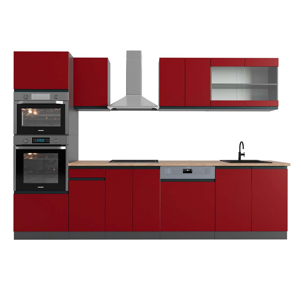 Vicco Aneks kuchenny R-Line, Czerwony/antracyt, 300 cm J-Shape z wysoką szafką, BP Dąb