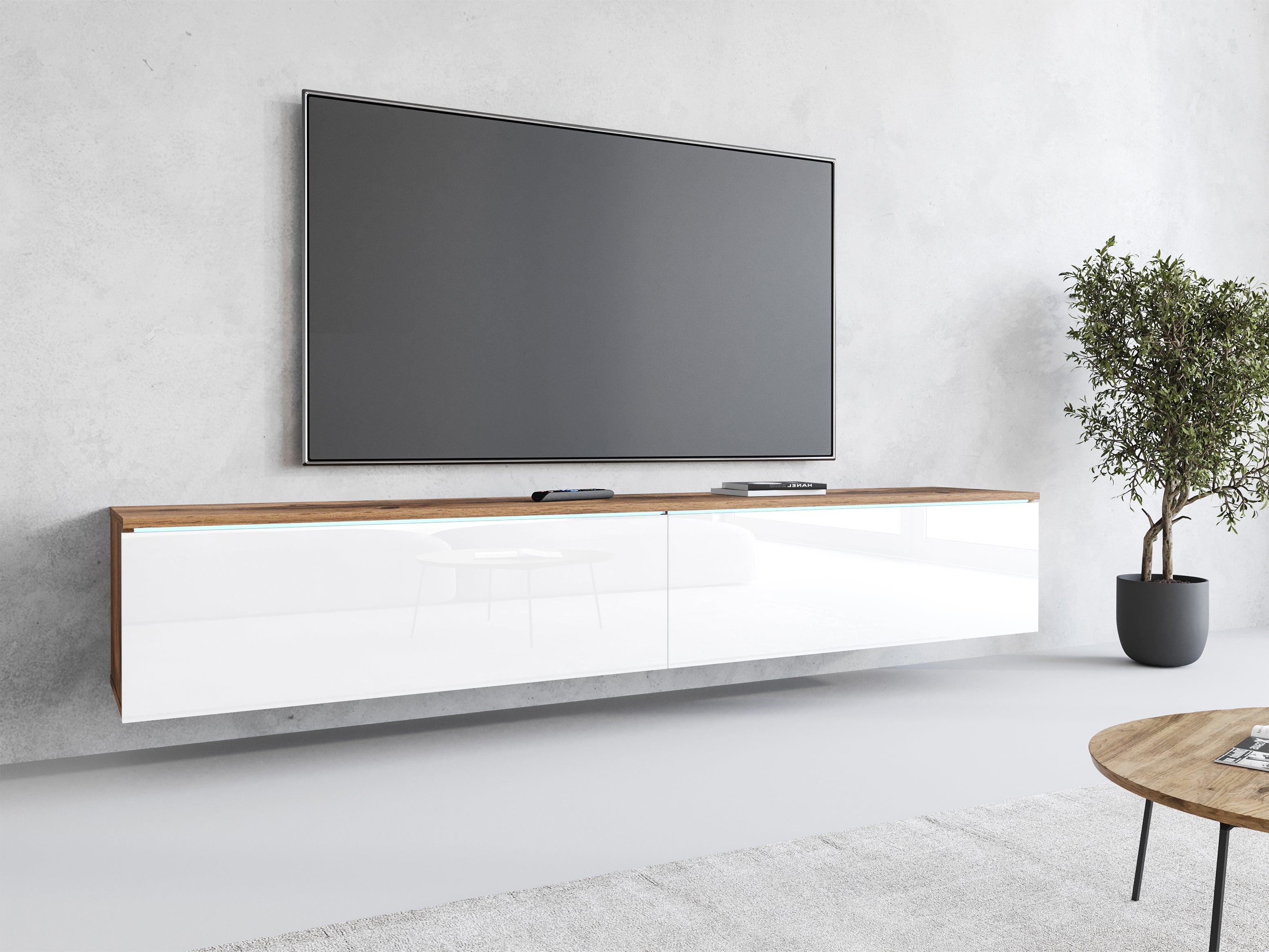 Meuble TV Lowboard D180 Chêne Wotan/Blanc brillant, Nombre de portes : 2, 180x30x31 cm - 6