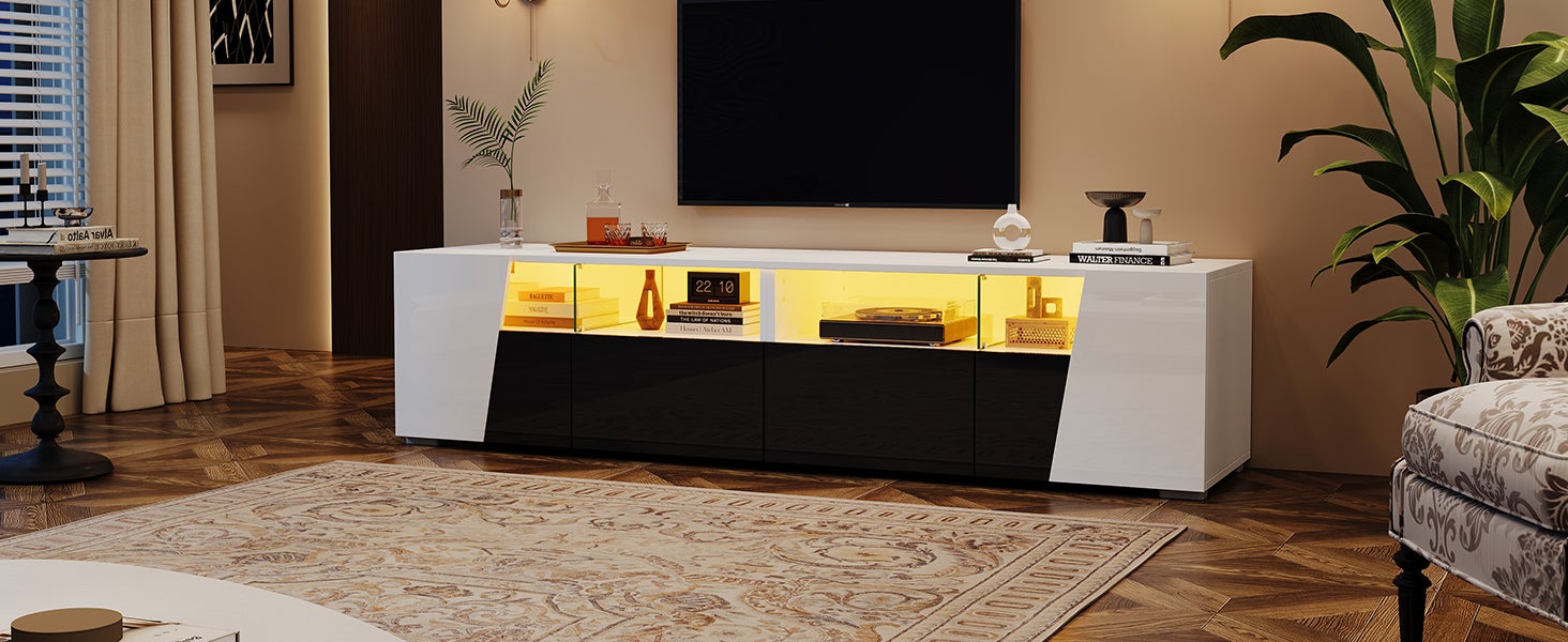 Stojak pod TV z 2 szufladami, 2 drzwiami i 2 przegrodami na telewizor 80 cali - 180 x 38,5 x 45 cm - diody LED - MDF + szkło - biały i czarny - 7