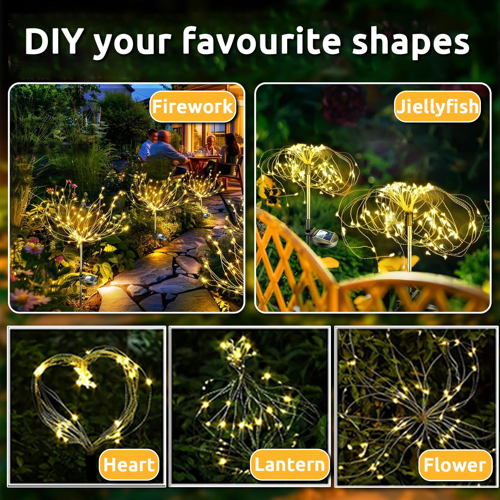 Lot de 2 lampes solaires extérieures 120 LED,effet feu d’artifice,IP65 étanche,8 modes d’éclairage,pour terrasse,jardin,chemins,décor blanc chaud - 7
