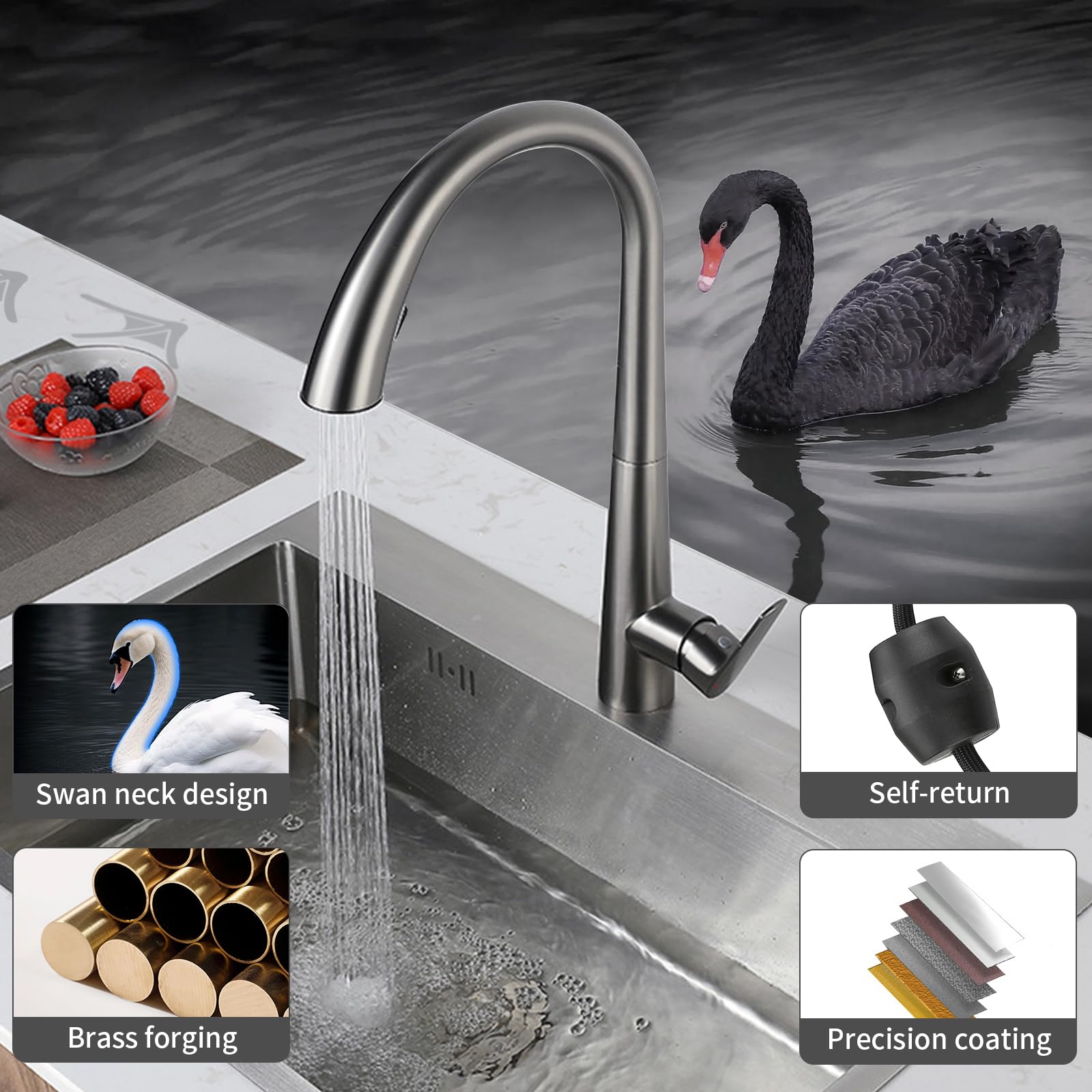 Mitigeur Cuisine Gris avec Douchette Extractible 360° - Robinet Évier Acier Inoxydable 2 Modes Pulvérisation - Mitigeur Modern Cuisine - 6